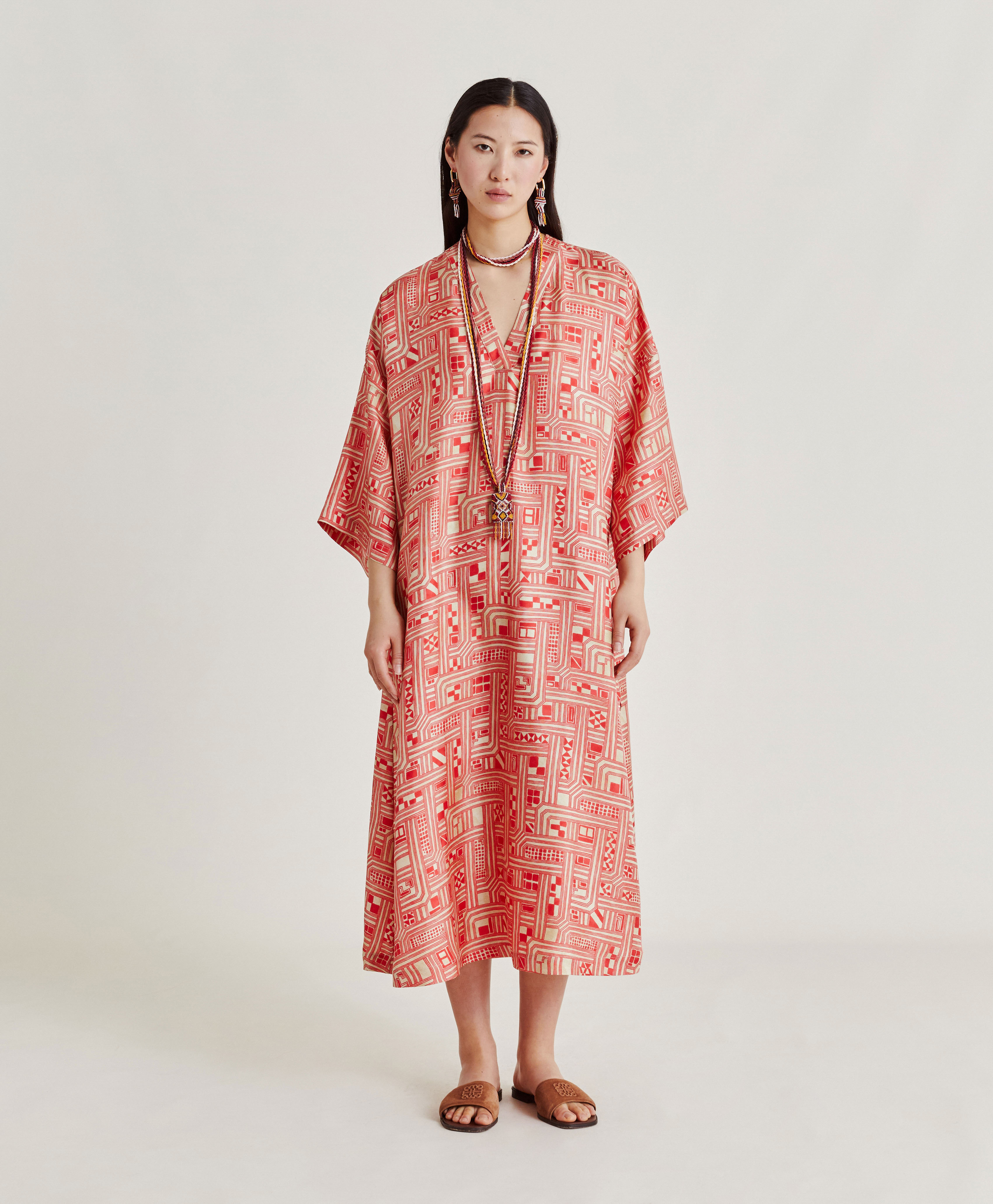 FARO DRESS IN SILK TWILL - BEIGE/CORAL | Momonì