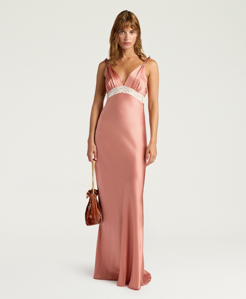 momoni silk dress Momoni Gold + Brown Silk Printed Bow Tie Midi Dress Timeless