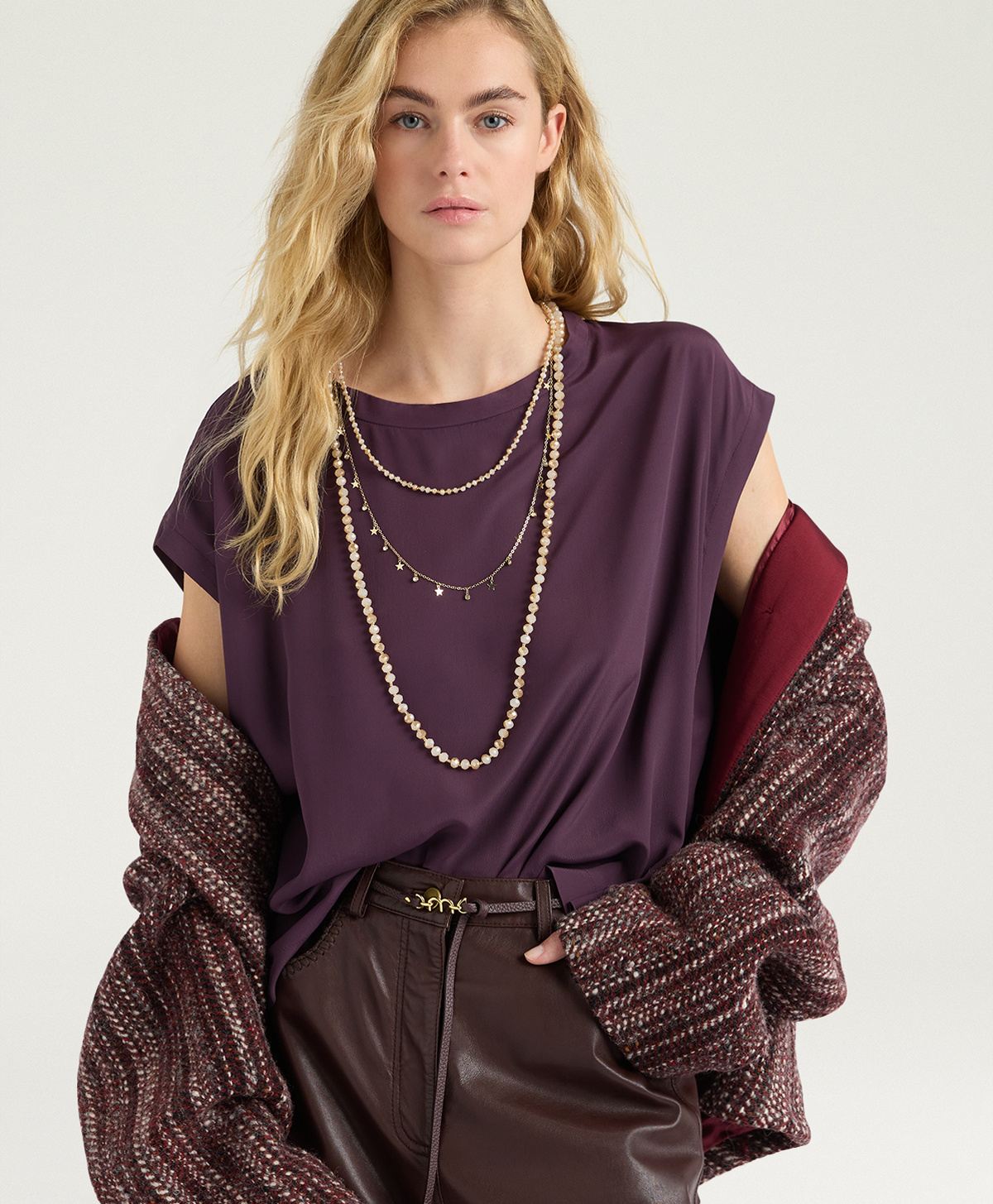 BLUSA SMANICATA CURACAO IN ACETATO SETA - PRUGNA