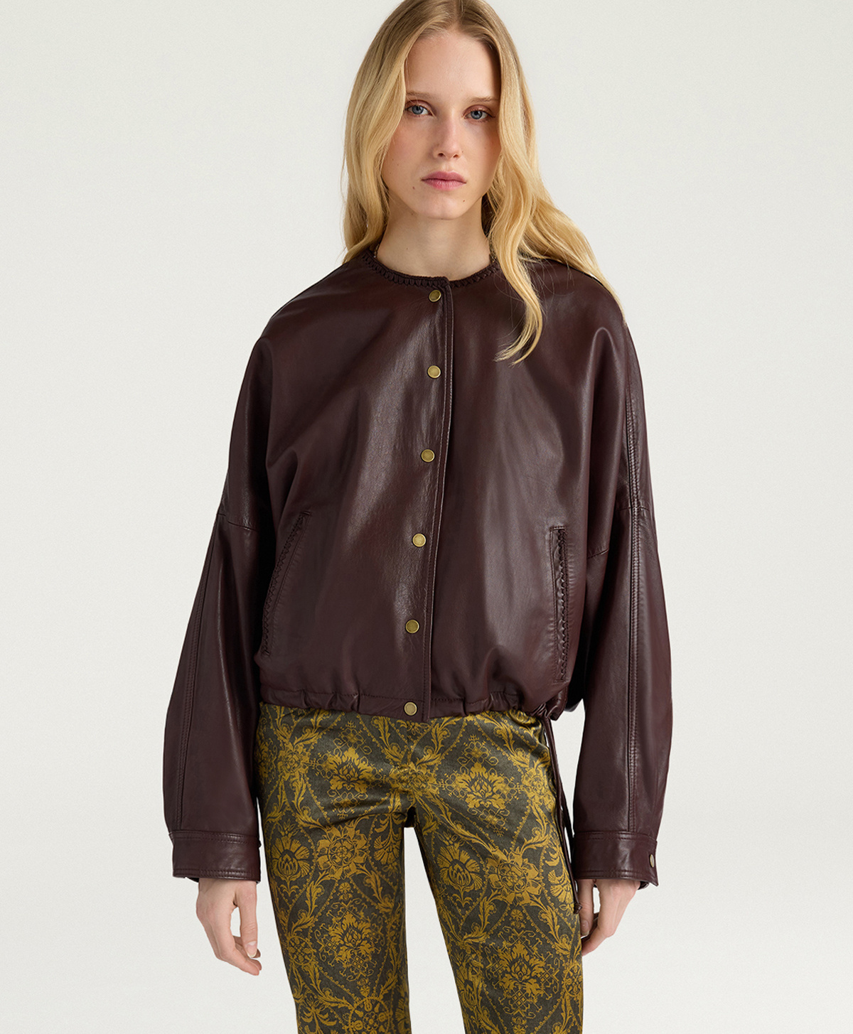 GIACCA BOMBER CROPPED KALDOR IN PELLE - MARRONE