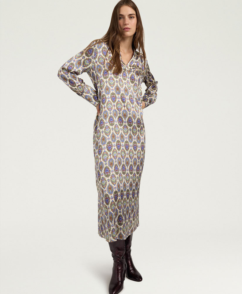 ABITO AMARA IN RASO STRETCH DI PURA SETA STAMPATO - MULTICOLOR PANNA