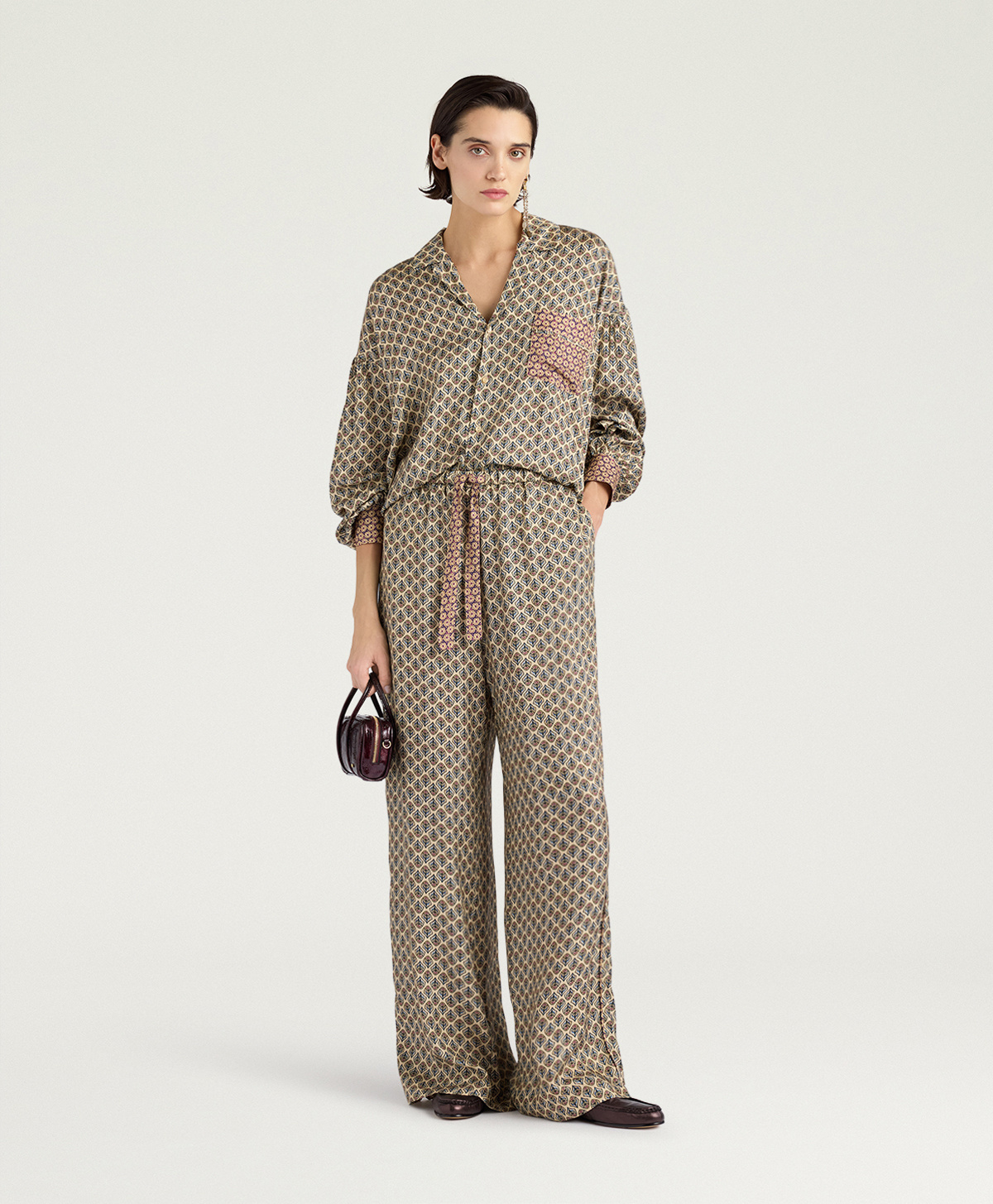 PANTALONE PALAZZO ELASTICATO FOL IN TWILL DI VISCOSA STAMPATO - SABBIA/CERULEO