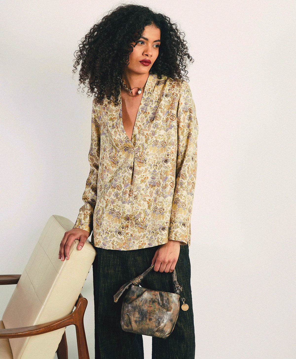 AMBROISE BLOUSE IN PRINTED SILK TWILL - CREAM/LILAC - Momonì