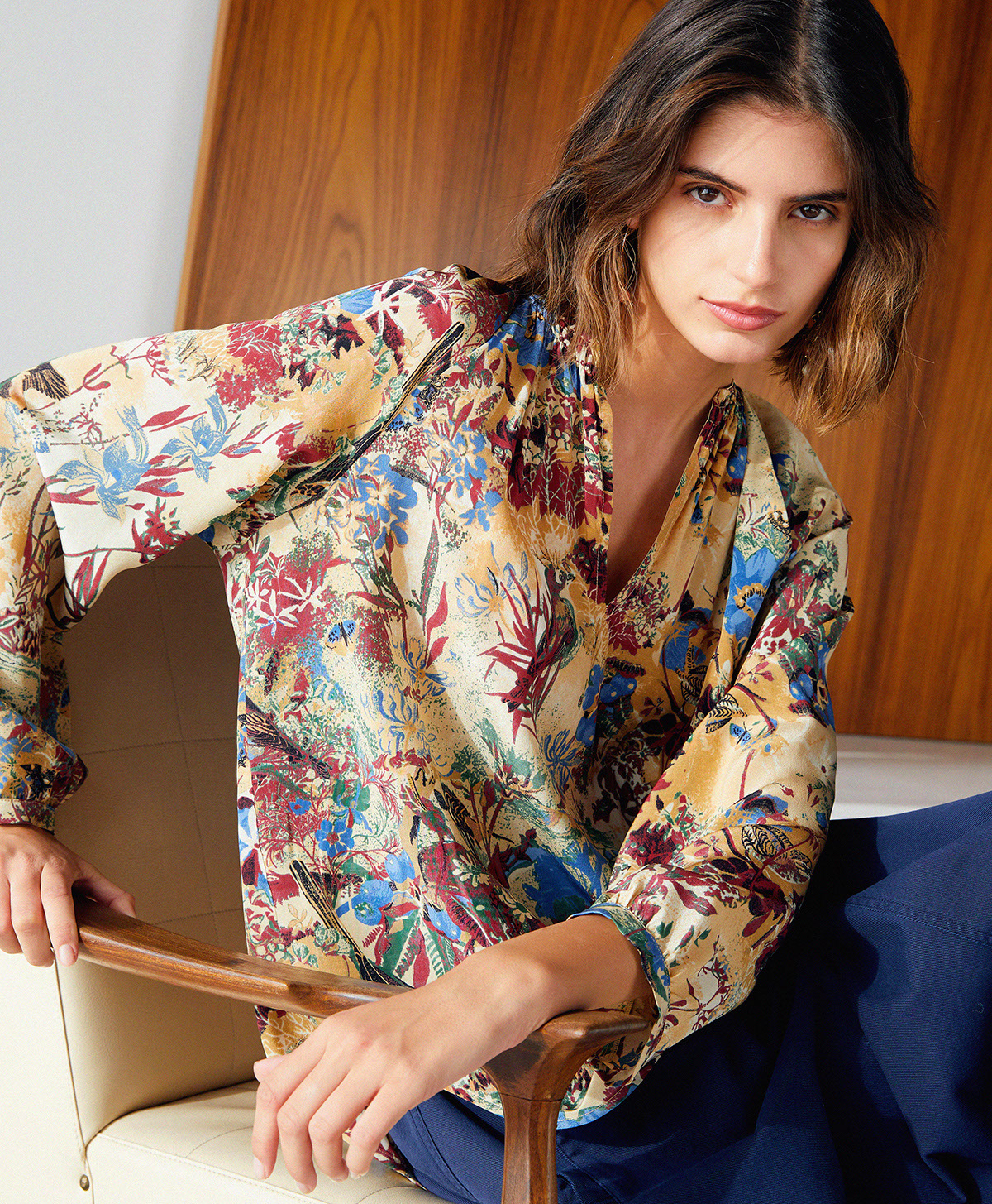 LARICE BLOUSE IN PRINTED SILK CREPE DE CHINE - LIGHT BLUE MULTICOLOUR - Momonì