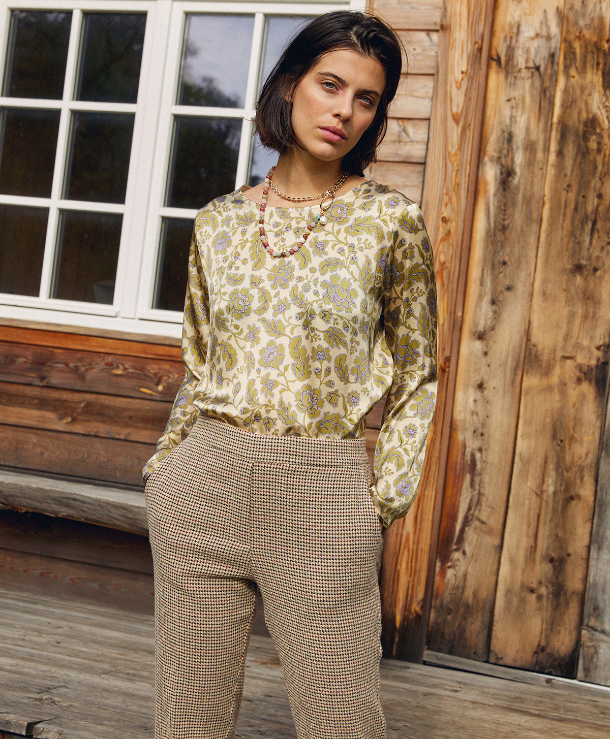 BALENA BLOUSE IN PRINTED STRETCH SILK SATIN - GREEN/LILAC - Momonì