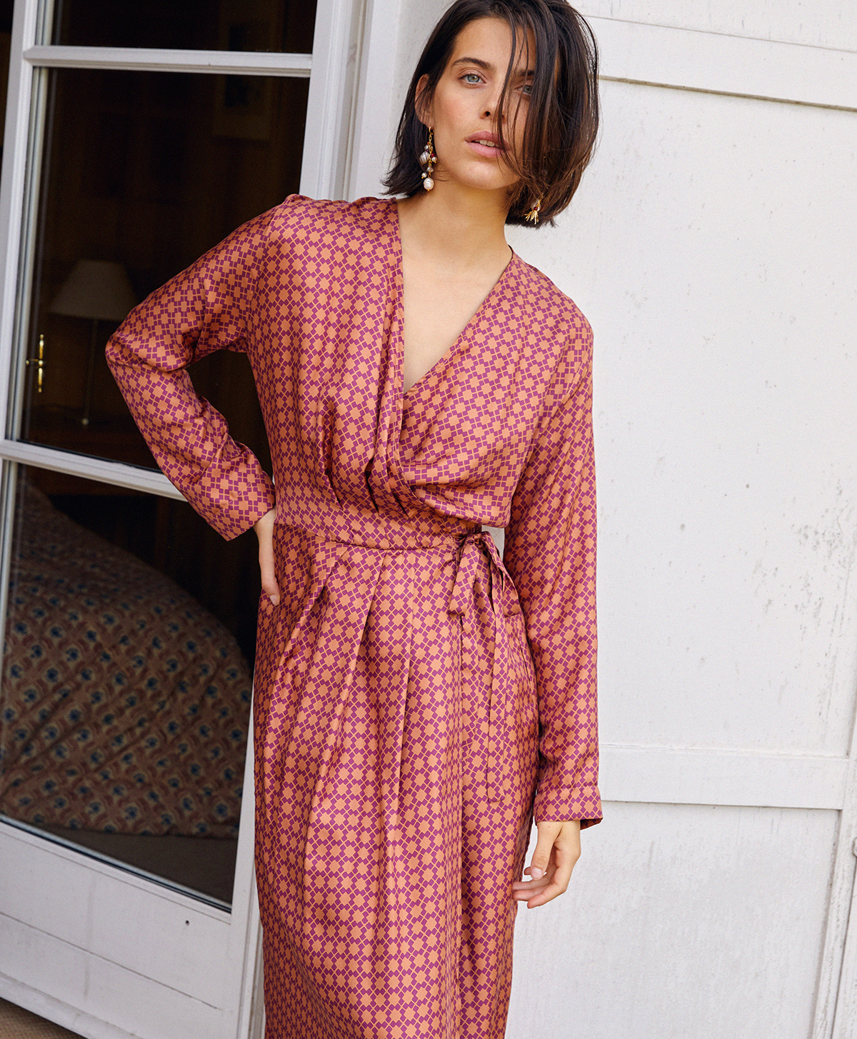 ABIES DRESS IN PRINTED SILK TWILL - RUST/ORCHID - Momonì