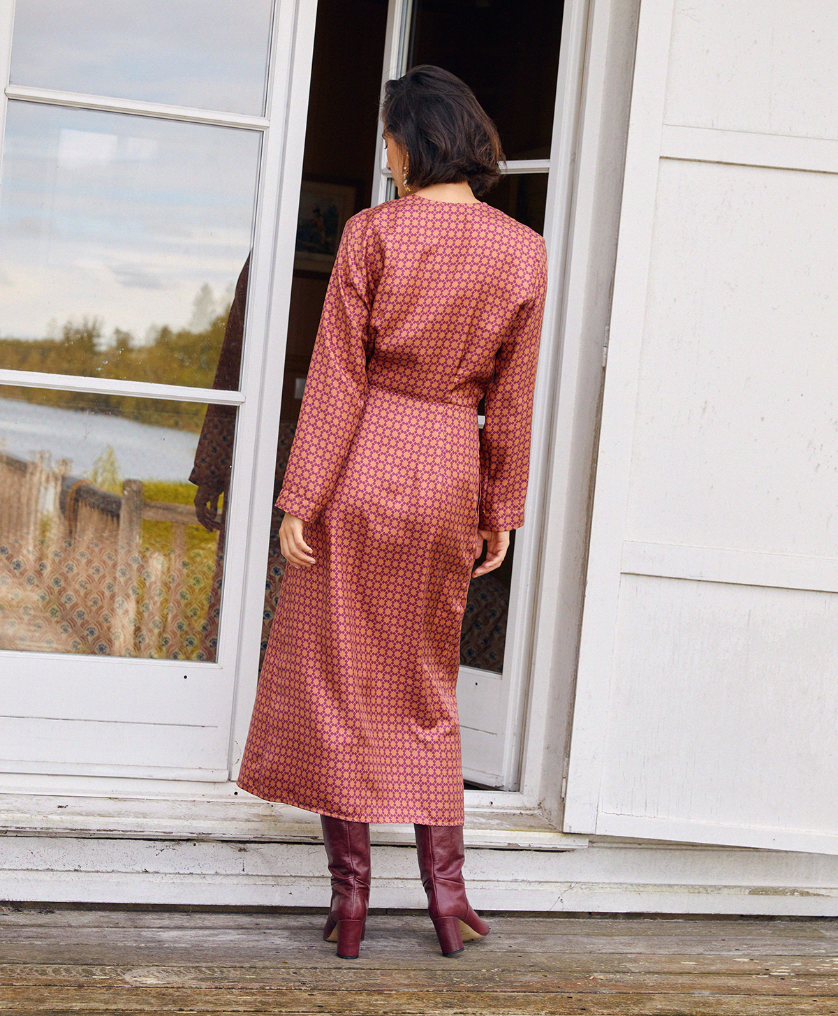 ABIES DRESS IN PRINTED SILK TWILL - RUST/ORCHID - Momonì