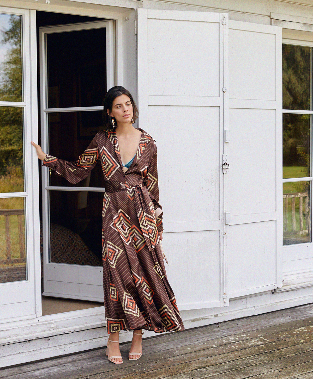 COCOMILIO DRESS IN PRINTED STRETCH SILK SATIN - BROWN/ORANGE - Momonì