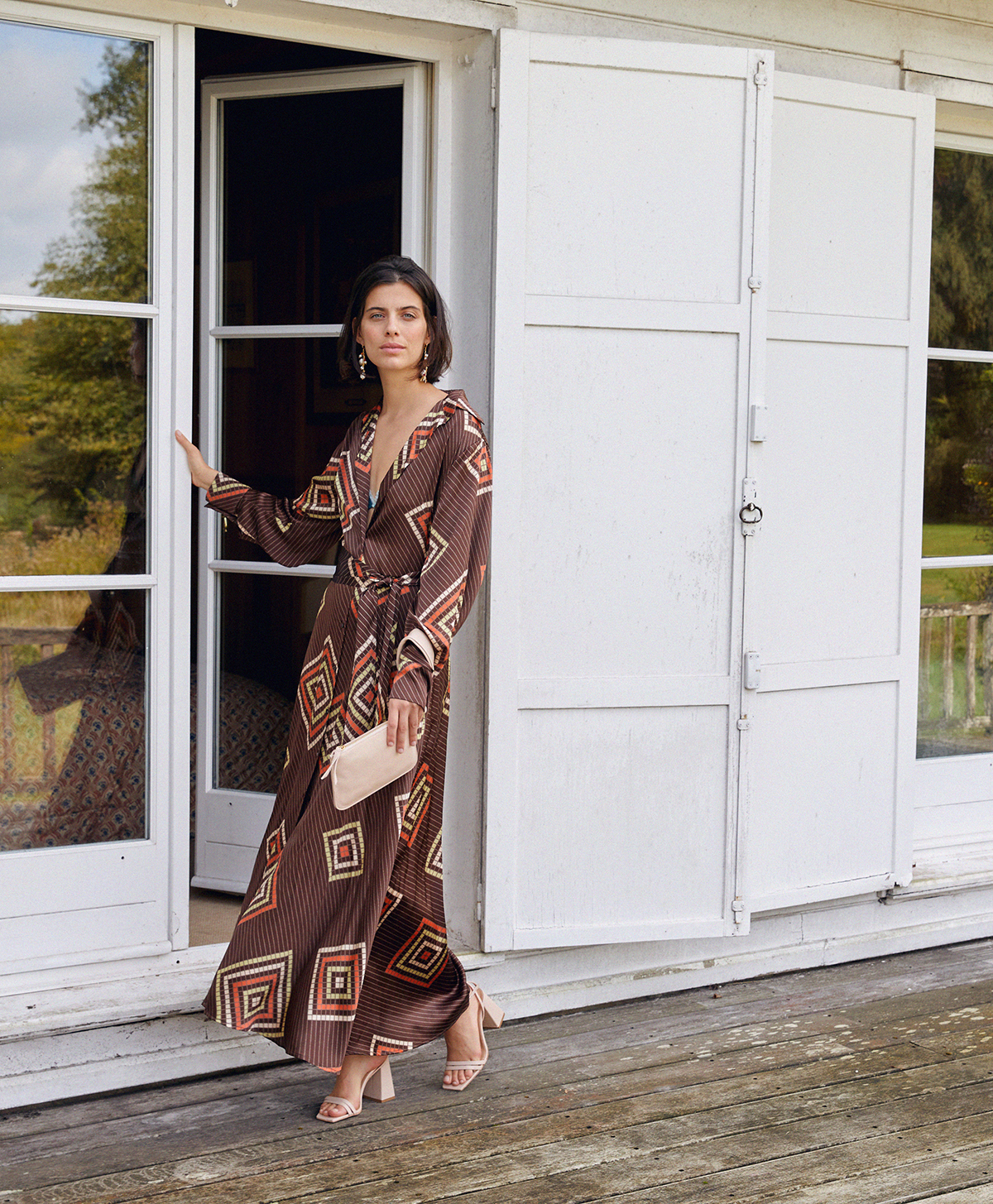 COCOMILIO DRESS IN PRINTED STRETCH SILK SATIN - BROWN/ORANGE - Momonì