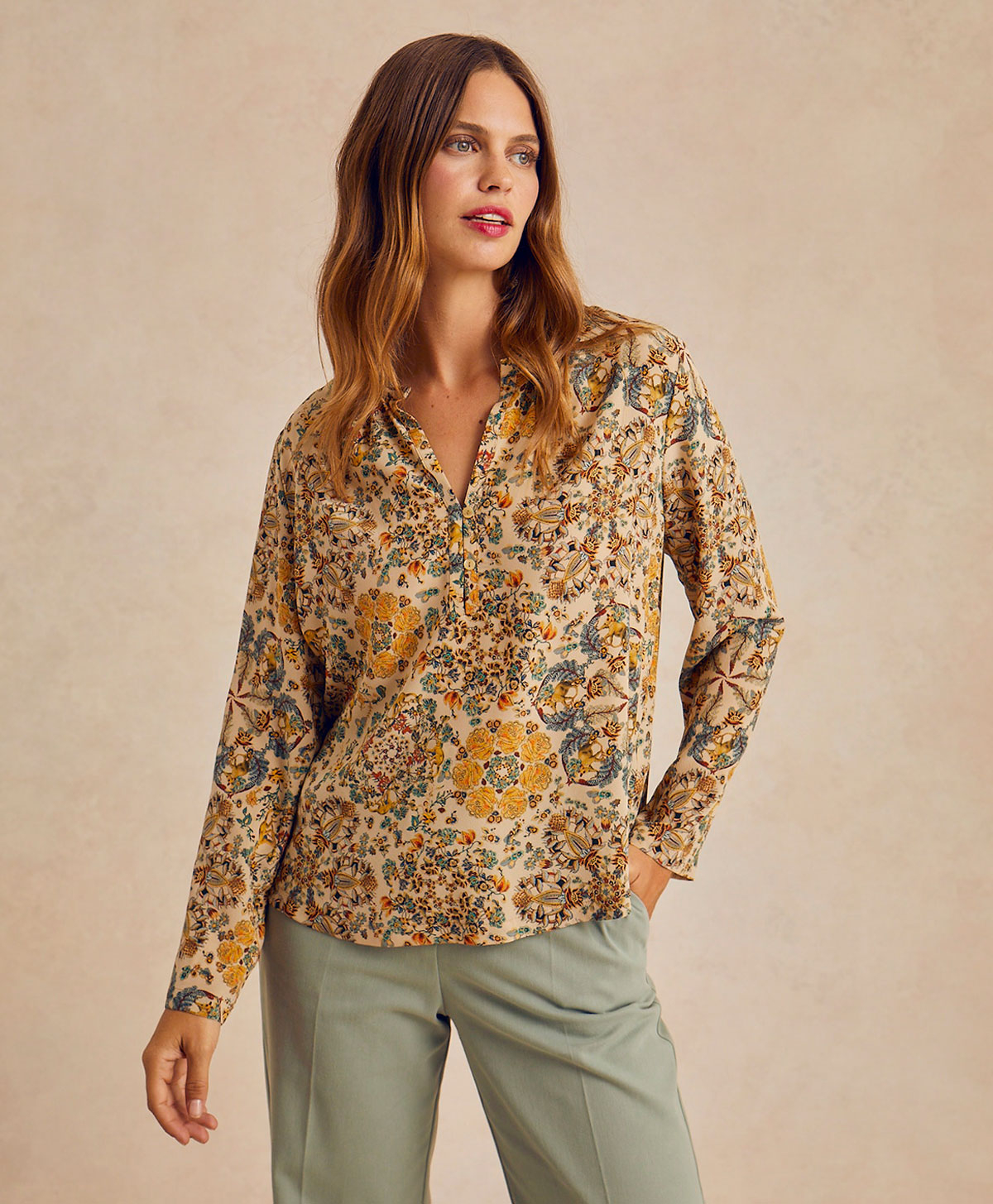 HECTOR BLOUSE IN PRINTED CREPE DE CHINE - MULTICOLOR BEIGE - Momonì