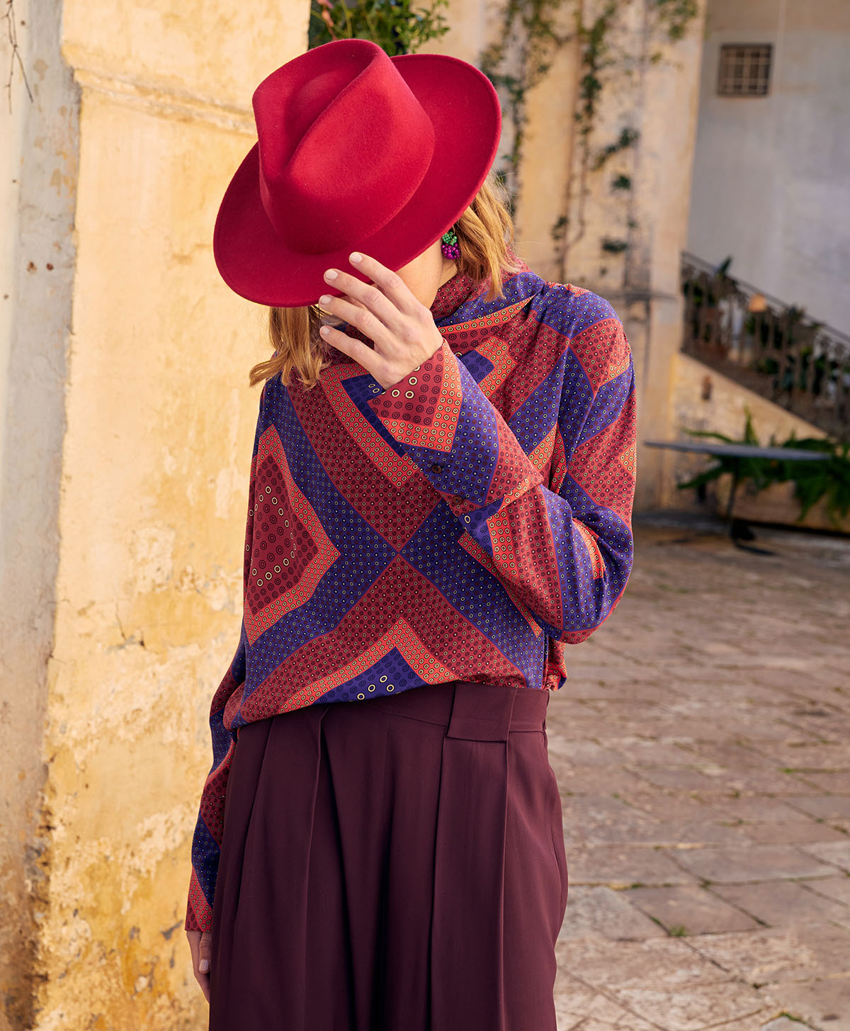 JEREMY BLOUSE IN PRINTED CREPE DE CHINE  - RED/PURPLE - Momonì