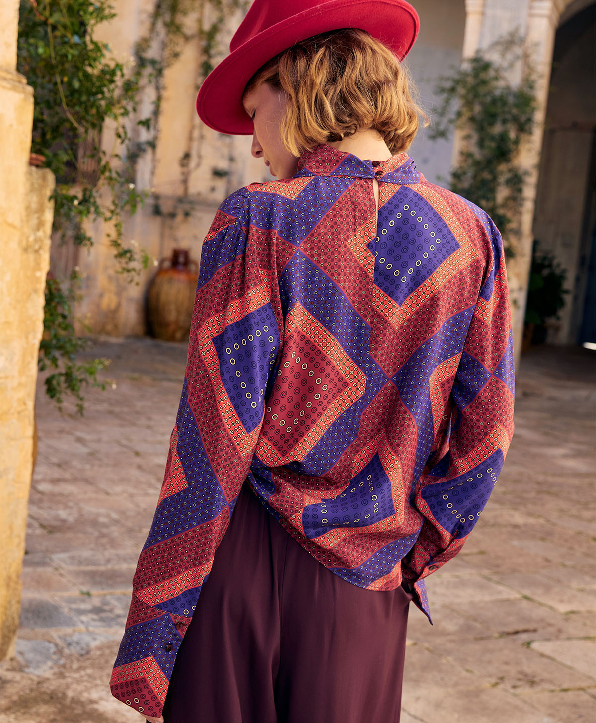 JEREMY BLOUSE IN PRINTED CREPE DE CHINE  - RED/PURPLE - Momonì