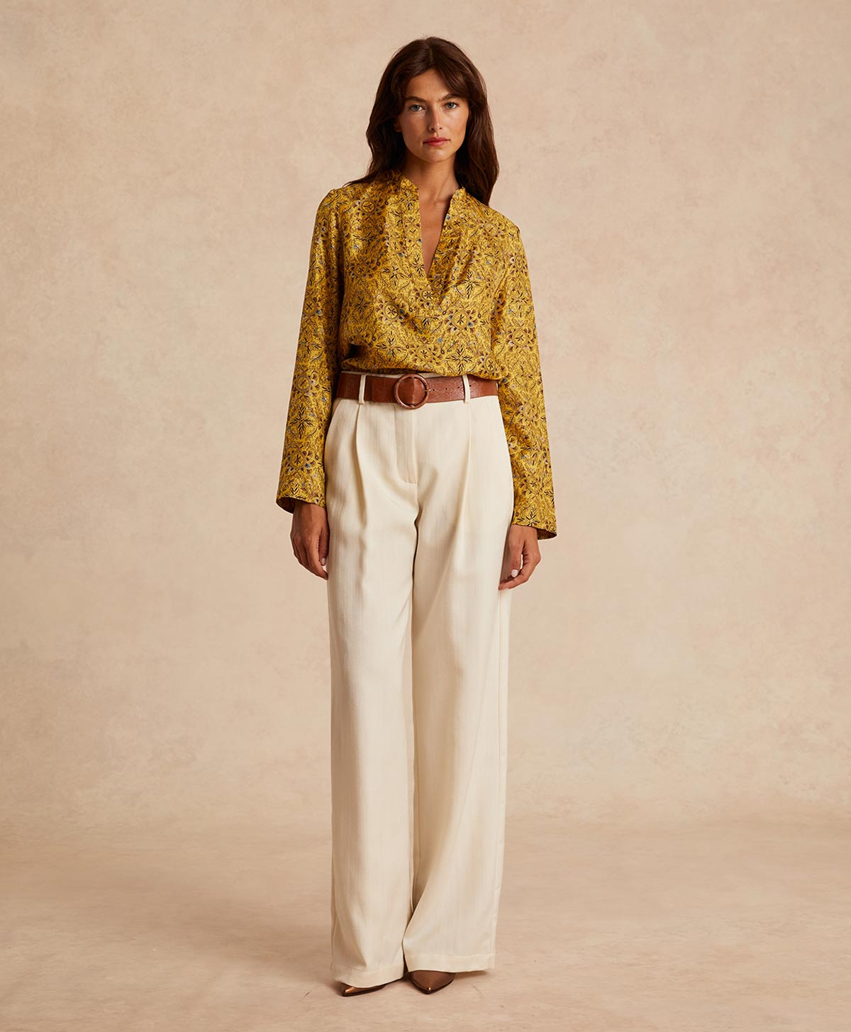 ATLANTA BLOUSE IN PRINTED SILK TWILL - YELLOW/TOBACCO - Momonì