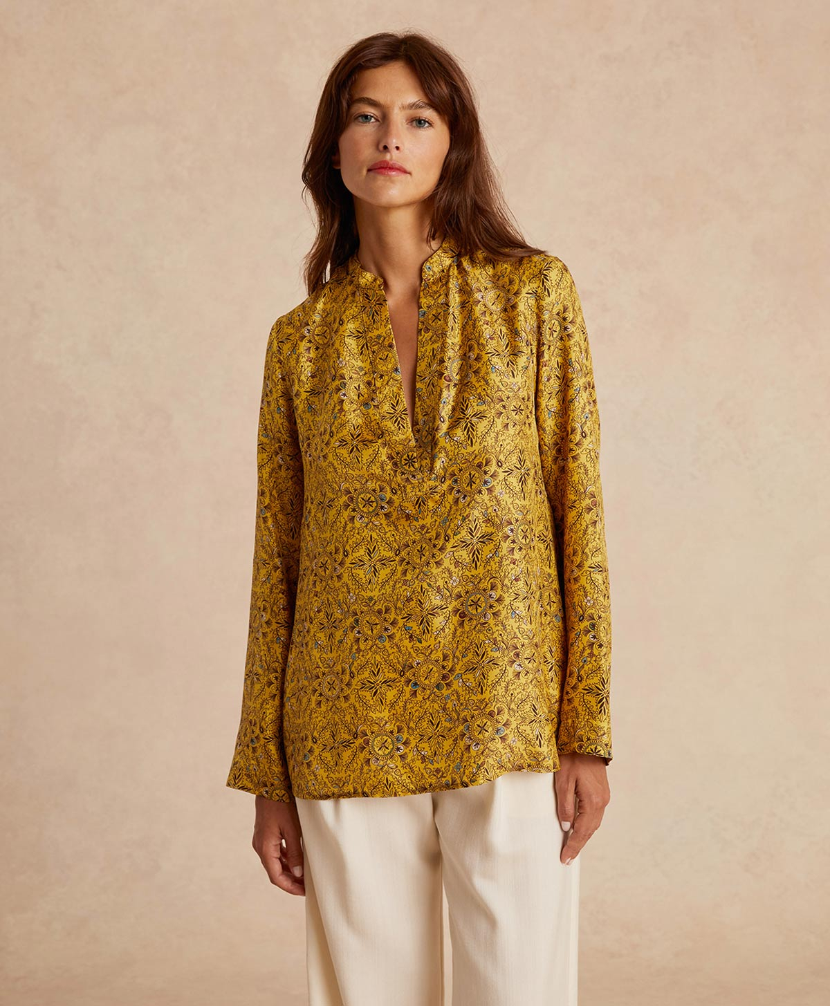 ATLANTA BLOUSE IN PRINTED SILK TWILL - YELLOW/TOBACCO - Momonì