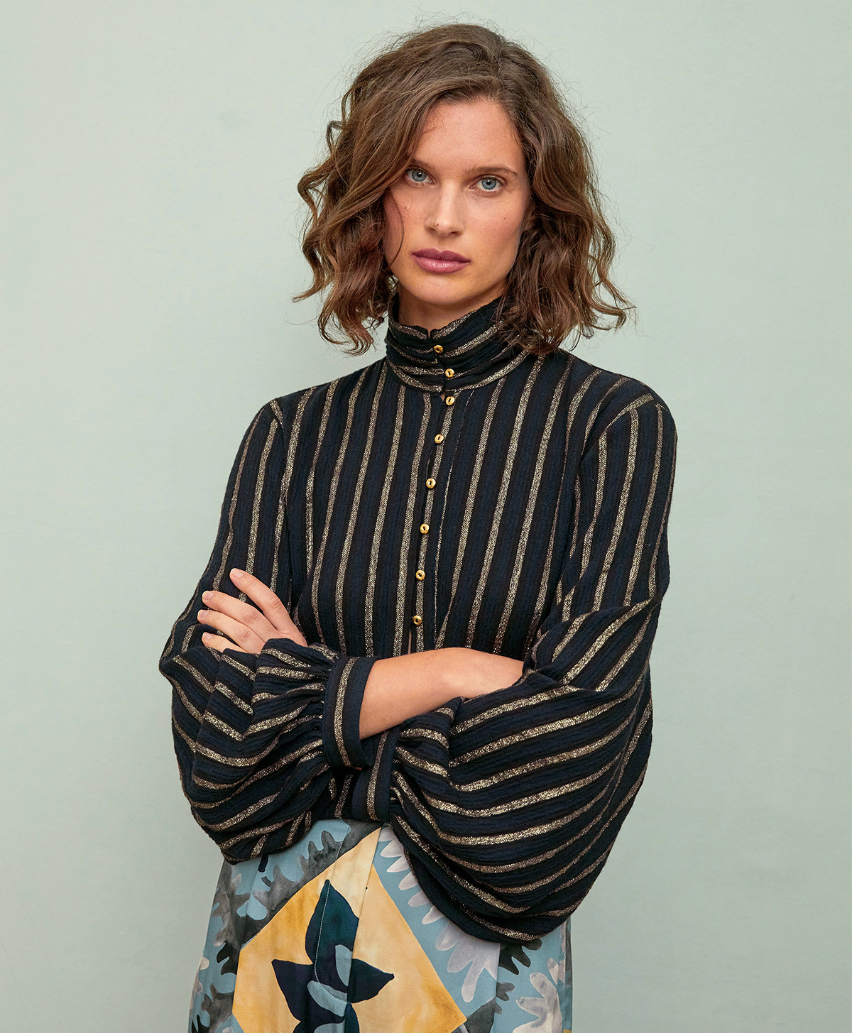 BLOUSE THIERRY EN GAZE RAYURE LUREX - MULTICOLORE BLEU CIEL - Momonì