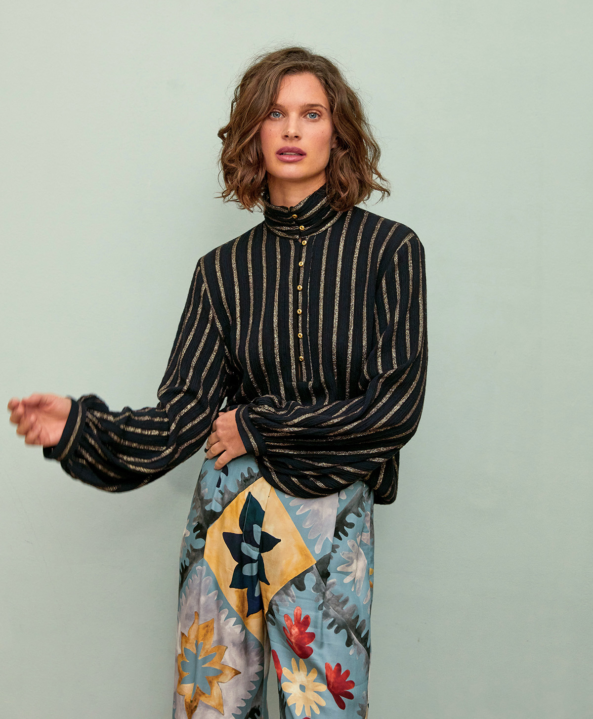 BLOUSE THIERRY EN GAZE RAYURE LUREX - MULTICOLORE BLEU CIEL - Momonì