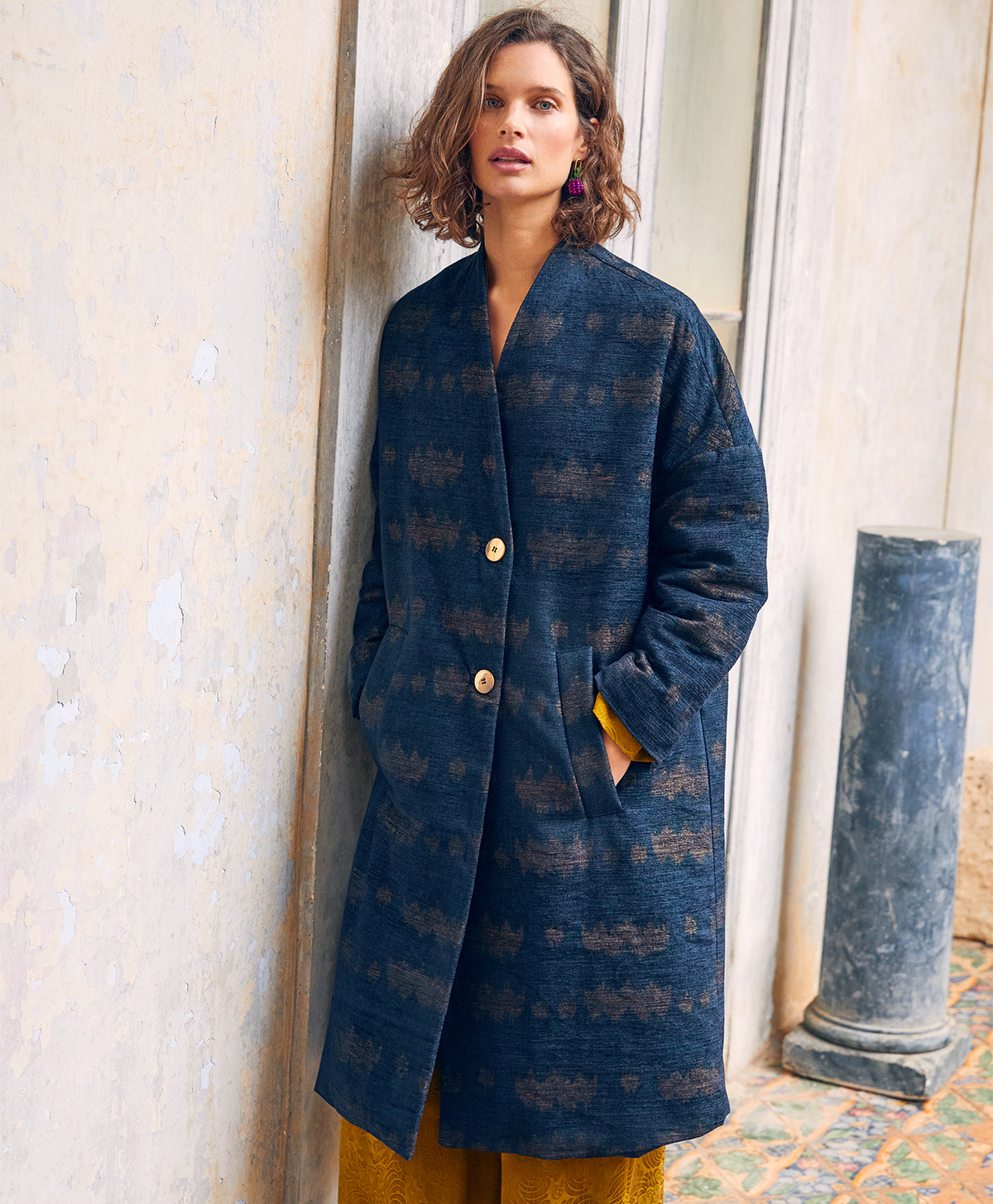 MICHEL COAT IN PRINTED CHENILLE WOOL BLEND - NIGHT BLUE - Clothing - Momonì