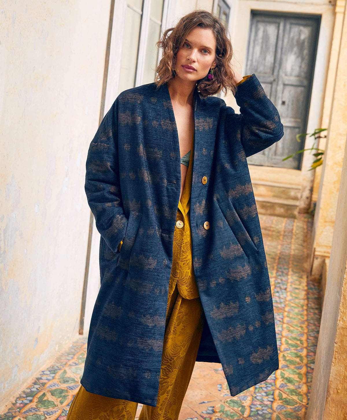 MICHEL COAT IN PRINTED CHENILLE WOOL BLEND - NIGHT BLUE - Momonì