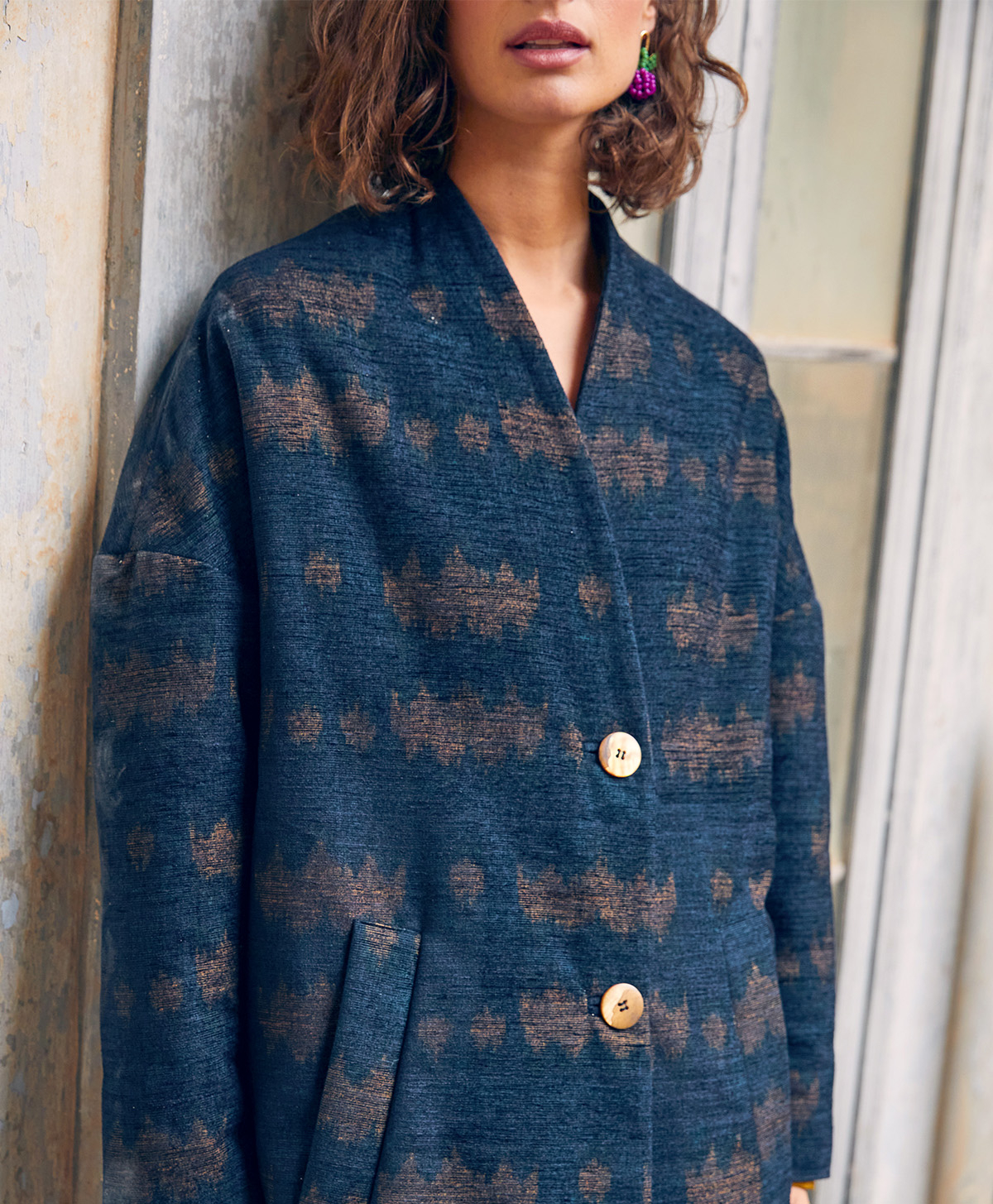 MICHEL COAT IN PRINTED CHENILLE WOOL BLEND - NIGHT BLUE - Momonì