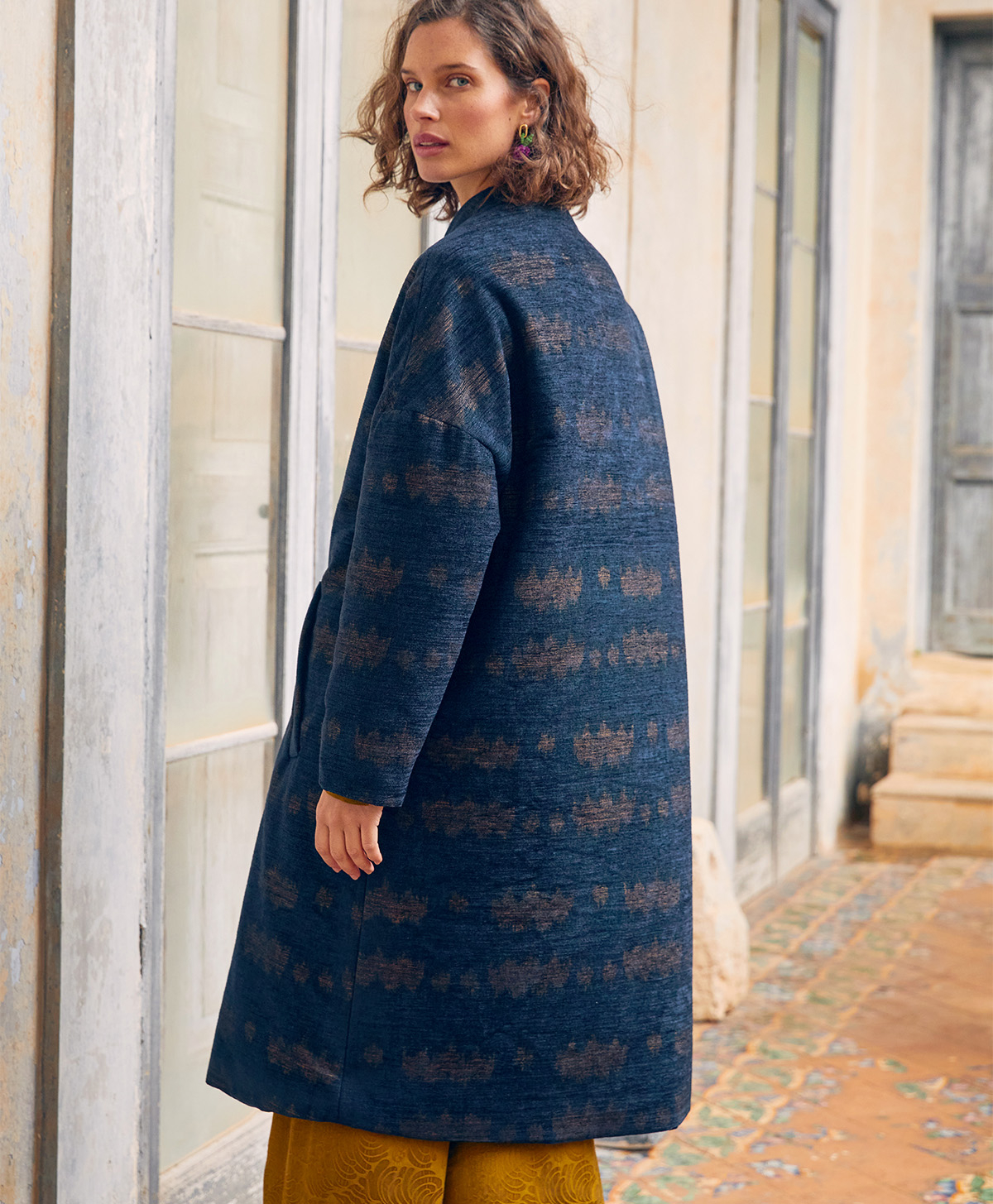 MICHEL COAT IN PRINTED CHENILLE WOOL BLEND - NIGHT BLUE - Momonì