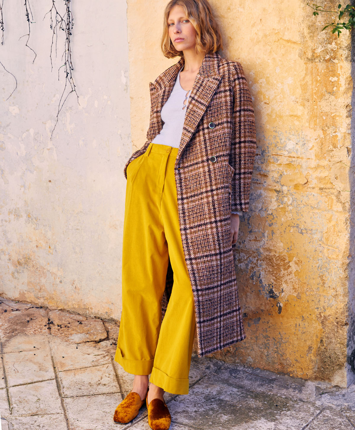 FAROE COAT IN MULTICOLOUR CHECK WOOL - ANCIENT ROSE/TOBACCO - Momonì