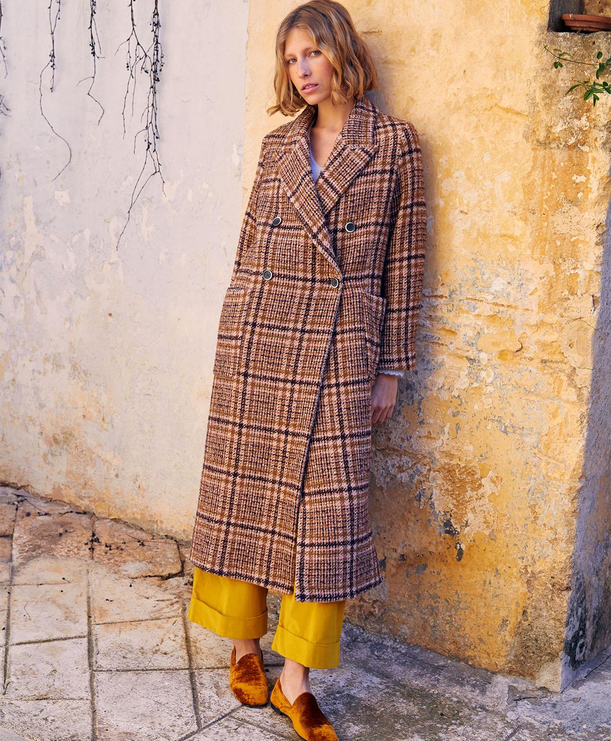 FAROE COAT IN MULTICOLOUR CHECK WOOL - ANCIENT ROSE/TOBACCO - Momonì