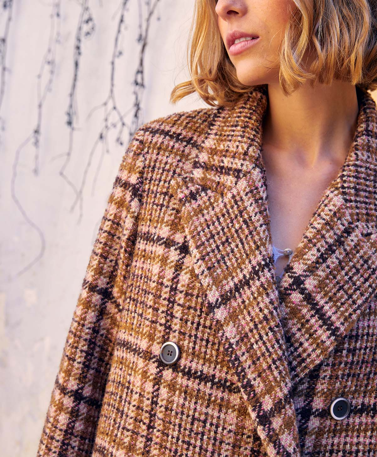FAROE COAT IN MULTICOLOUR CHECK WOOL - ANCIENT ROSE/TOBACCO - Momonì