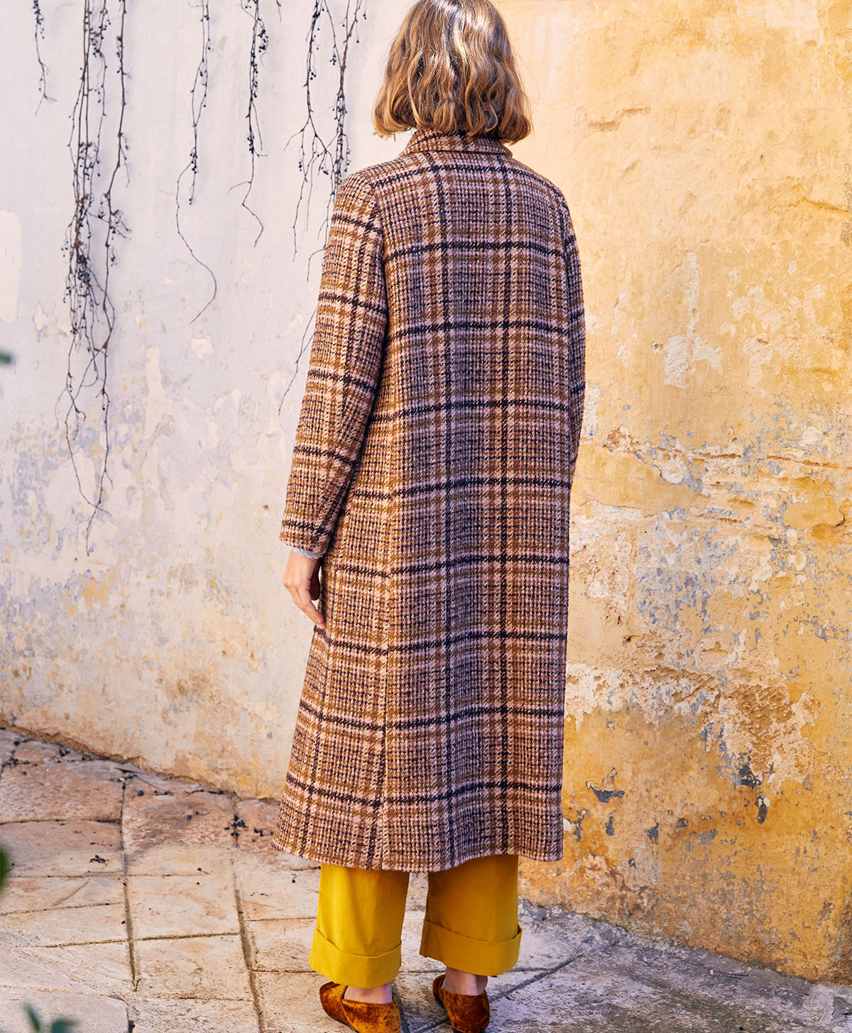 FAROE COAT IN MULTICOLOUR CHECK WOOL - ANCIENT ROSE/TOBACCO - Momonì