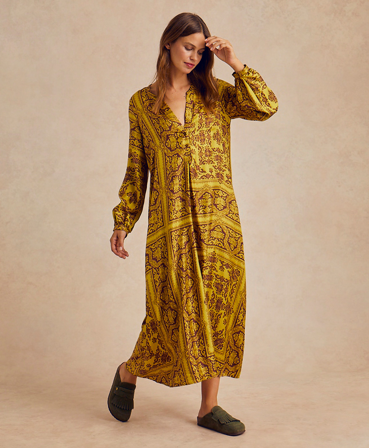 VESTITO AMEDE IN TWILL DI SETA STAMPATO - LIME/MARRONE - Momonì