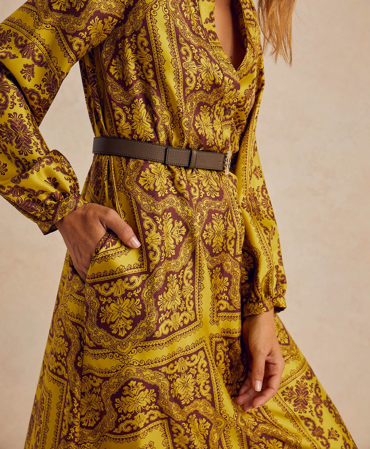 VESTITO AMEDE IN TWILL DI SETA STAMPATO - LIME/MARRONE - Momonì