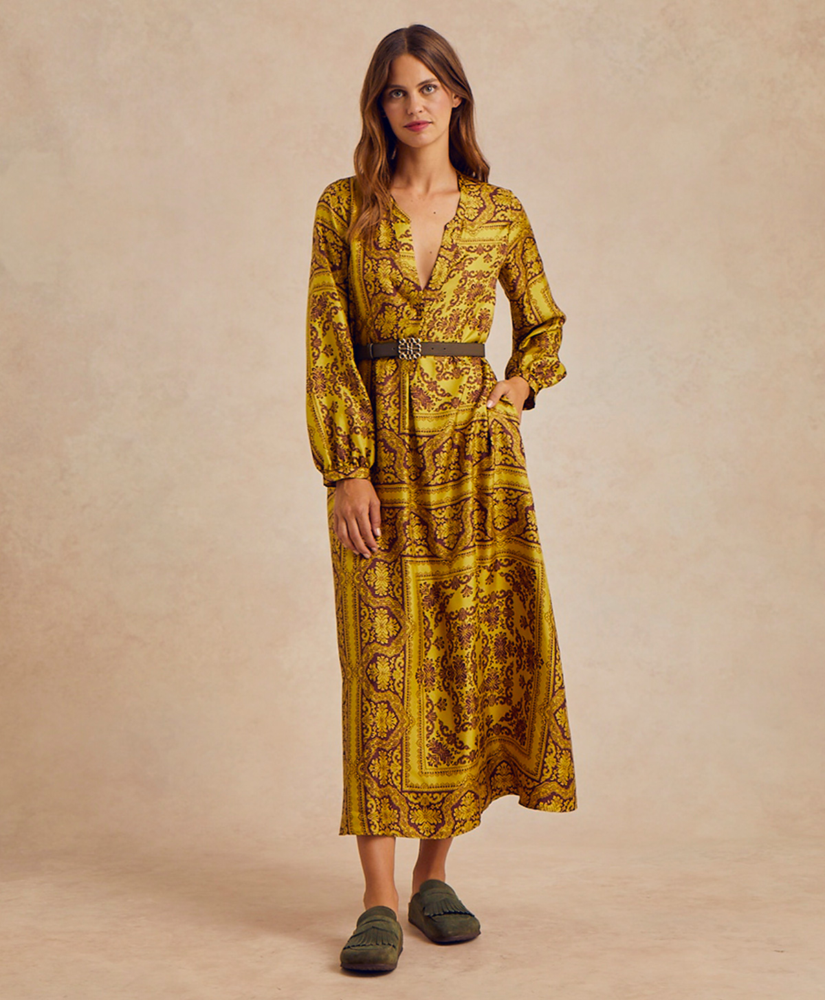 VESTITO AMEDE IN TWILL DI SETA STAMPATO - LIME/MARRONE - Momonì