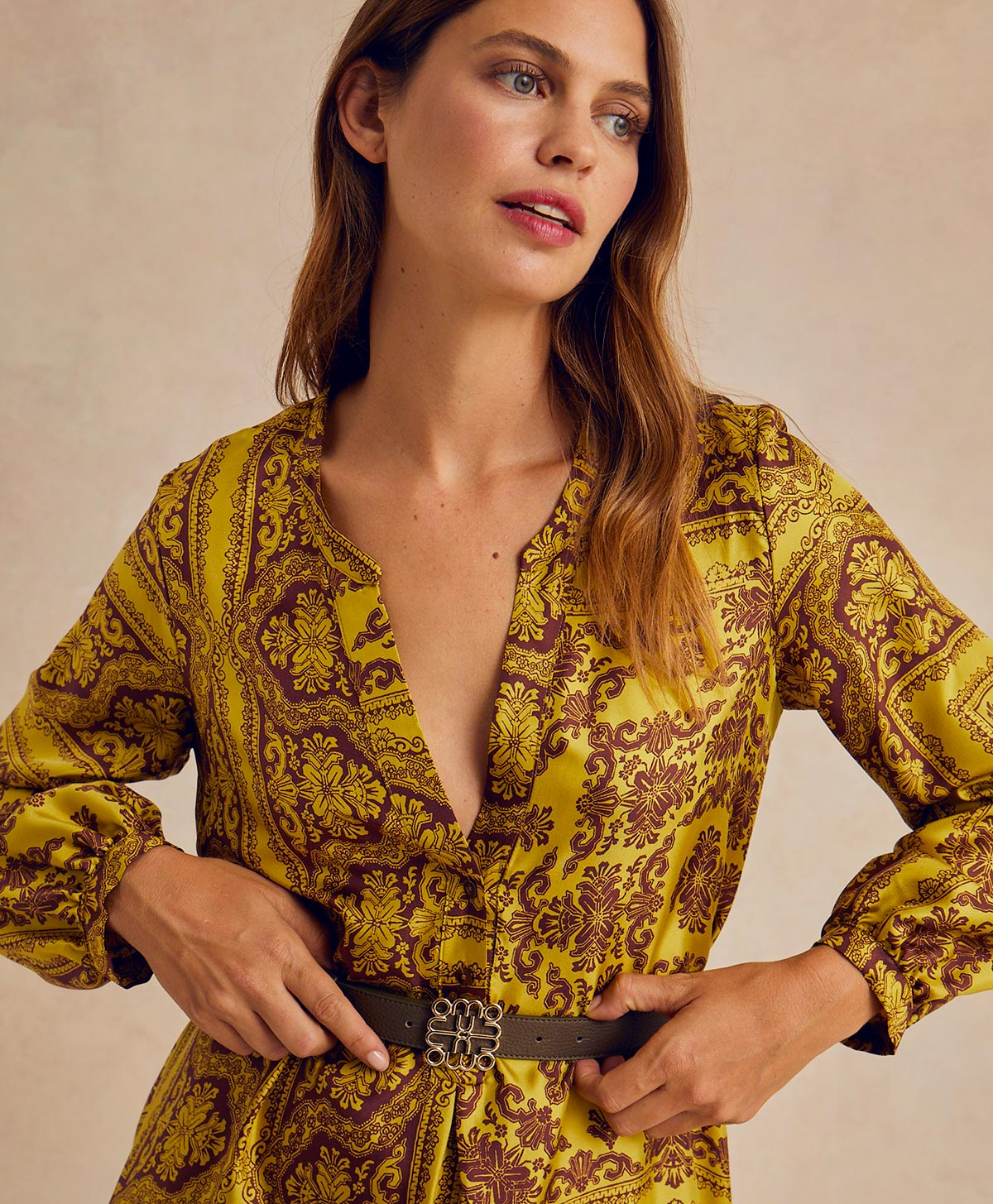 VESTITO AMEDE IN TWILL DI SETA STAMPATO - LIME/MARRONE - Momonì