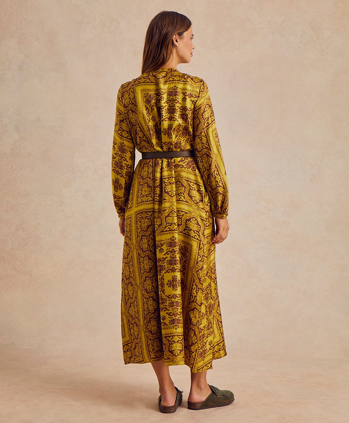VESTITO AMEDE IN TWILL DI SETA STAMPATO - LIME/MARRONE - Momonì