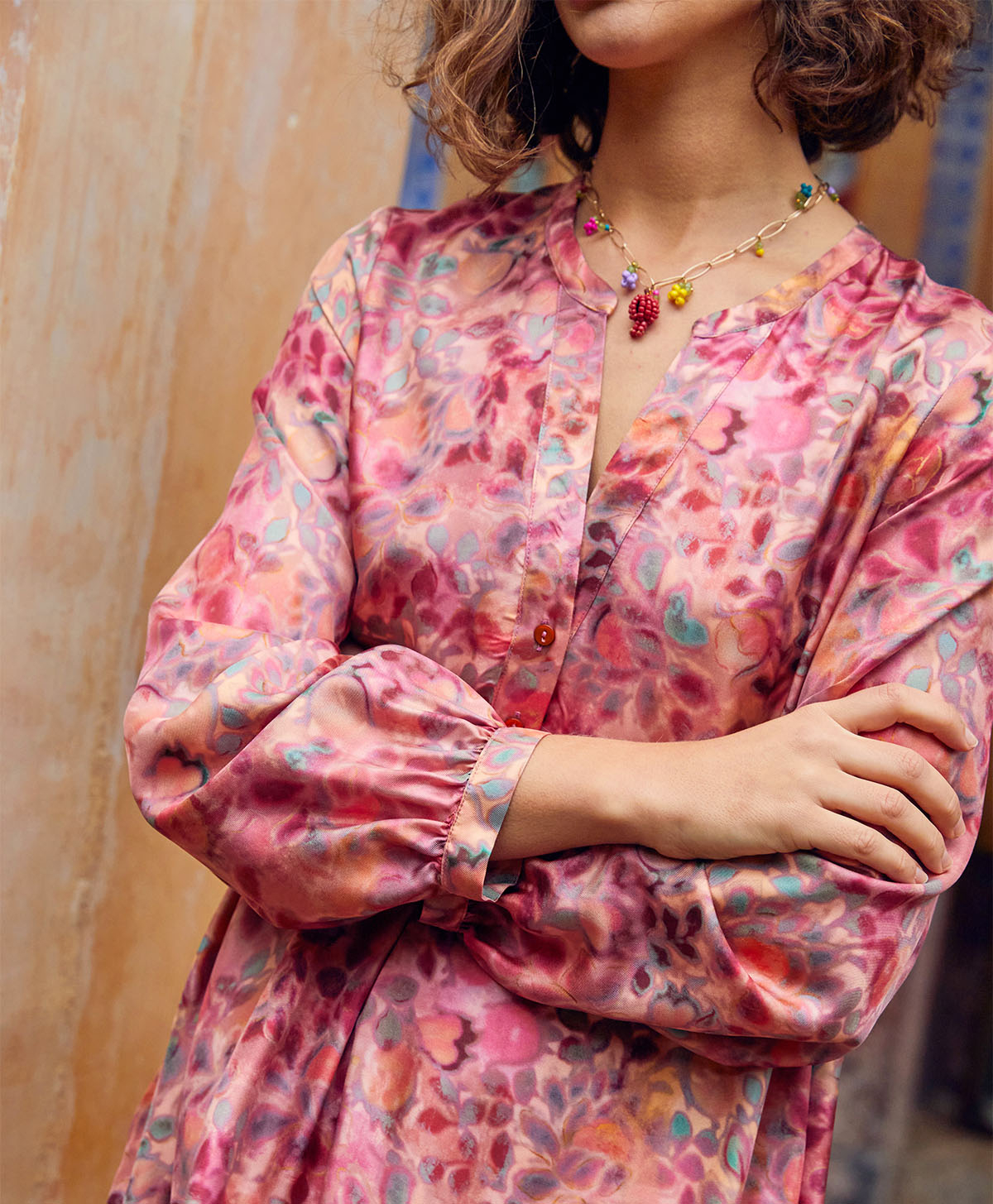 AMEDE DRESS IN PRINTED SILK TWILL - MULTICOLOR PINK - Momonì