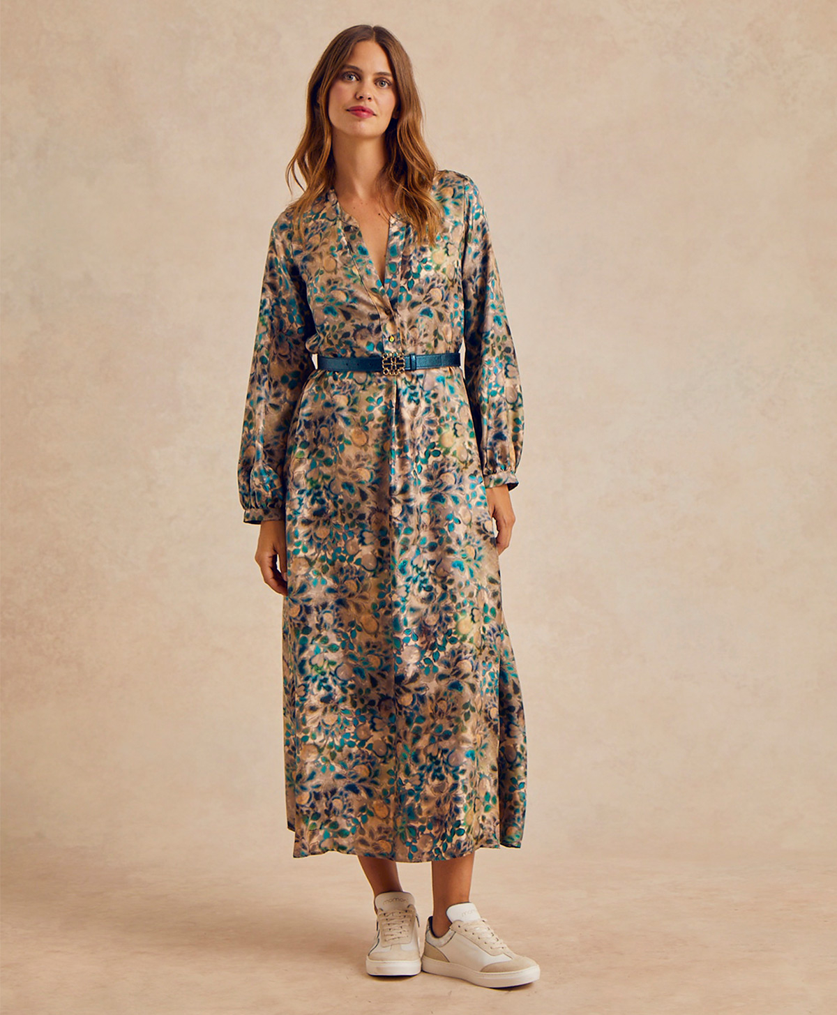 AMEDE DRESS IN PRINTED SILK TWILL - MULTICOLOR GREEN - Momonì