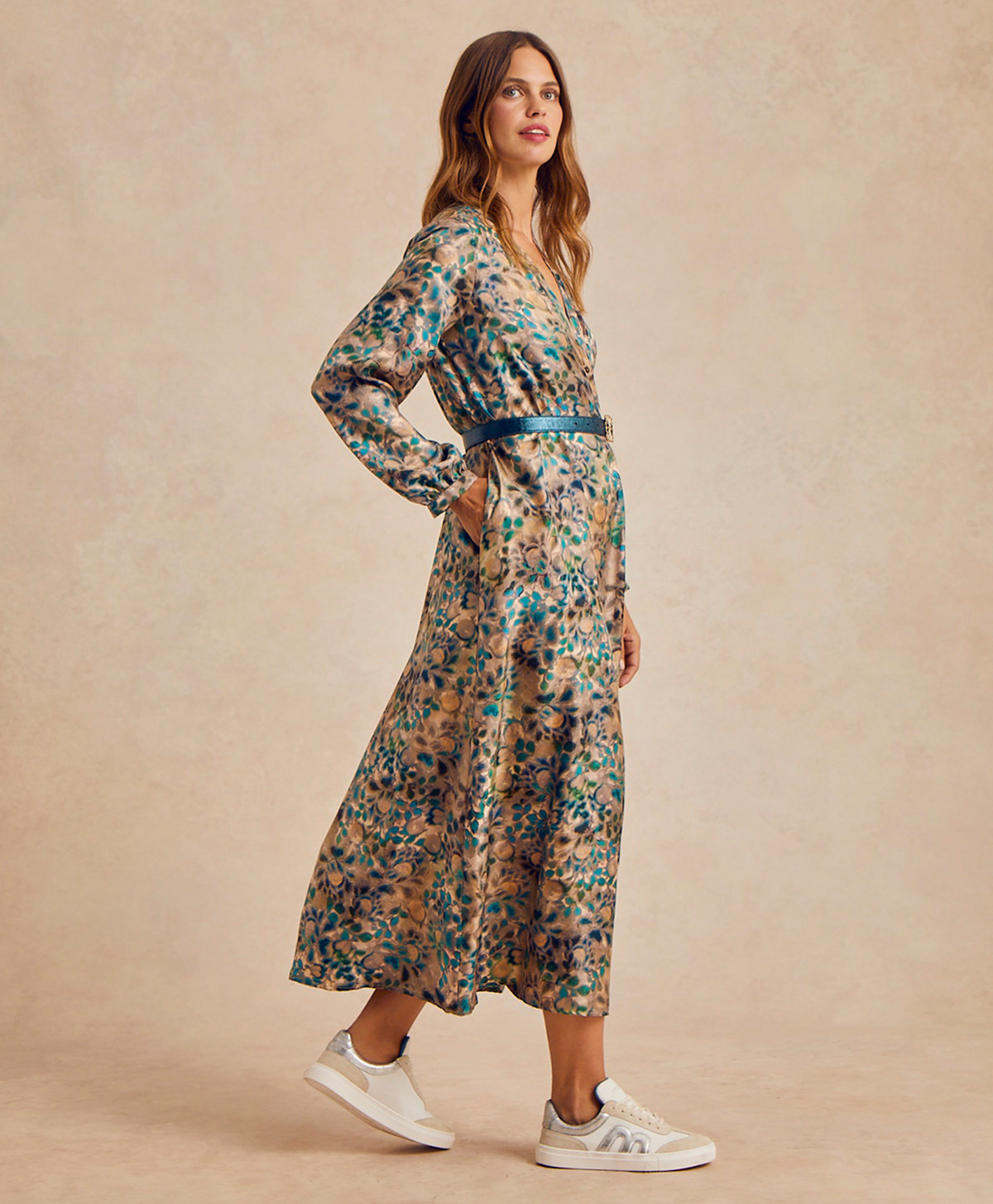 AMEDE DRESS IN PRINTED SILK TWILL - MULTICOLOR GREEN - Momonì