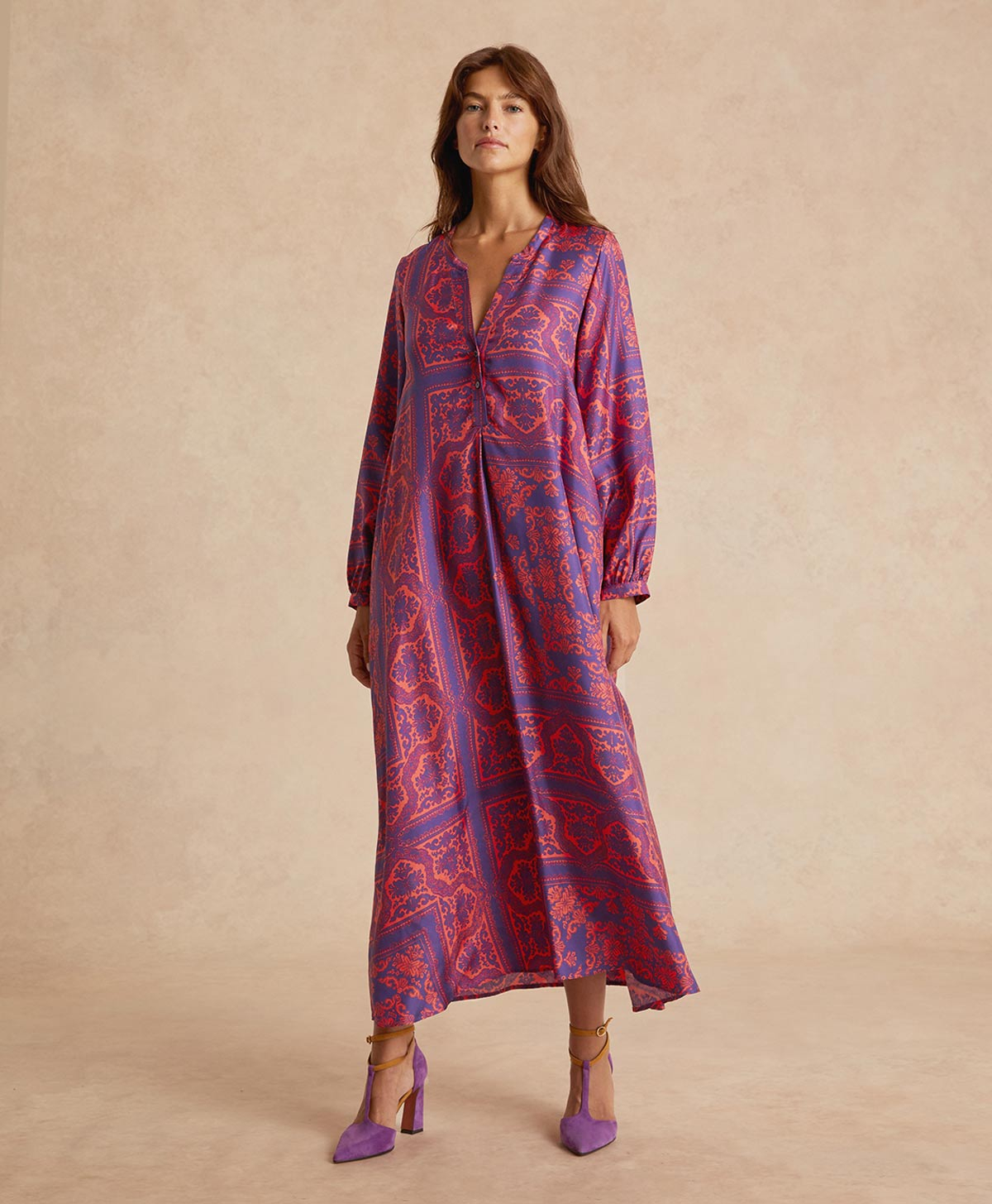 VESTITO AMEDE IN TWILL DI SETA STAMPATO - INDACO/CORALLO - Clothing - Momonì