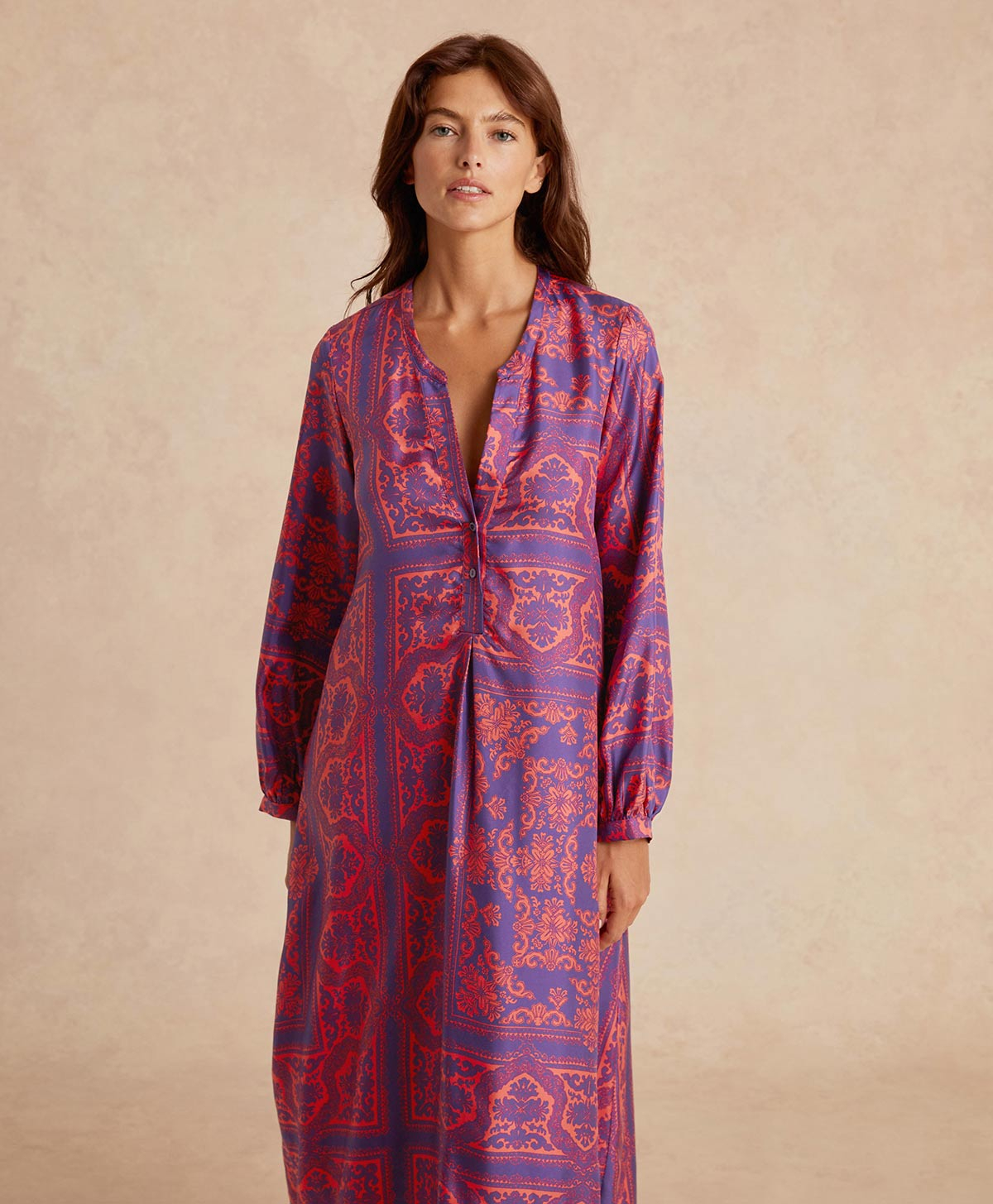 ROBE AMEDE EN SERGÉ DE SOIE IMPRIMÉ - INDIGO/CORAIL - Momonì