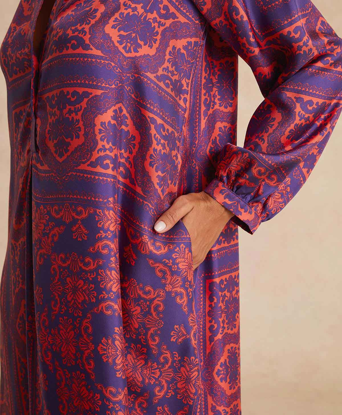 ROBE AMEDE EN SERGÉ DE SOIE IMPRIMÉ - INDIGO/CORAIL - Momonì
