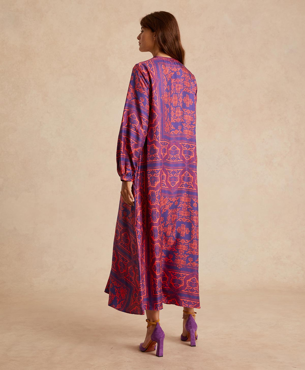 ROBE AMEDE EN SERGÉ DE SOIE IMPRIMÉ - INDIGO/CORAIL - Momonì