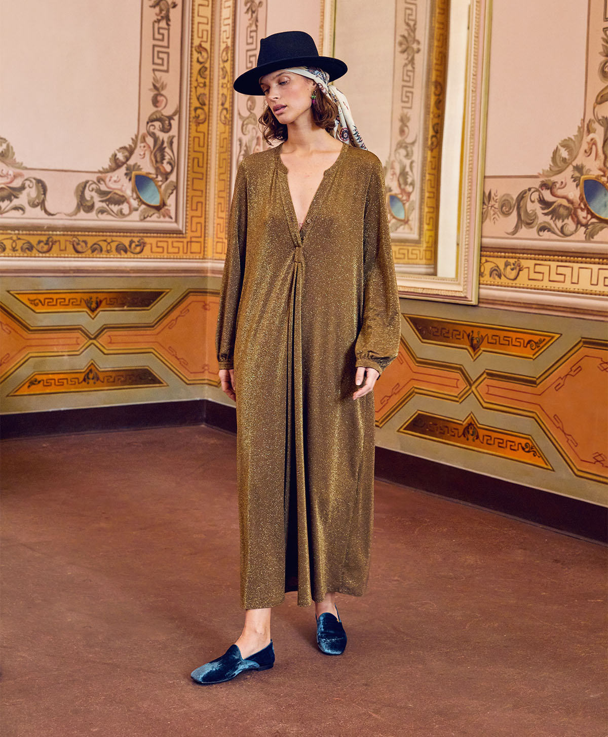 AMEDE DRESS IN LUREX JERSEY - CIGAR BROWN - Momonì
