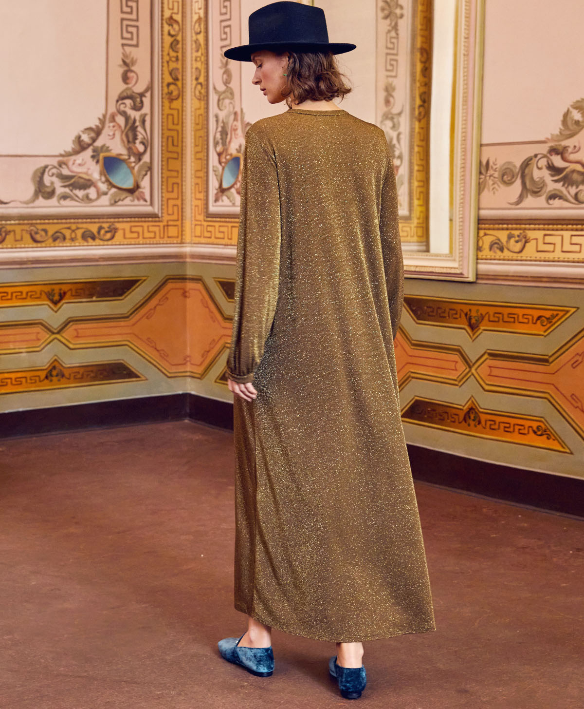 AMEDE DRESS IN LUREX JERSEY - CIGAR BROWN - Momonì