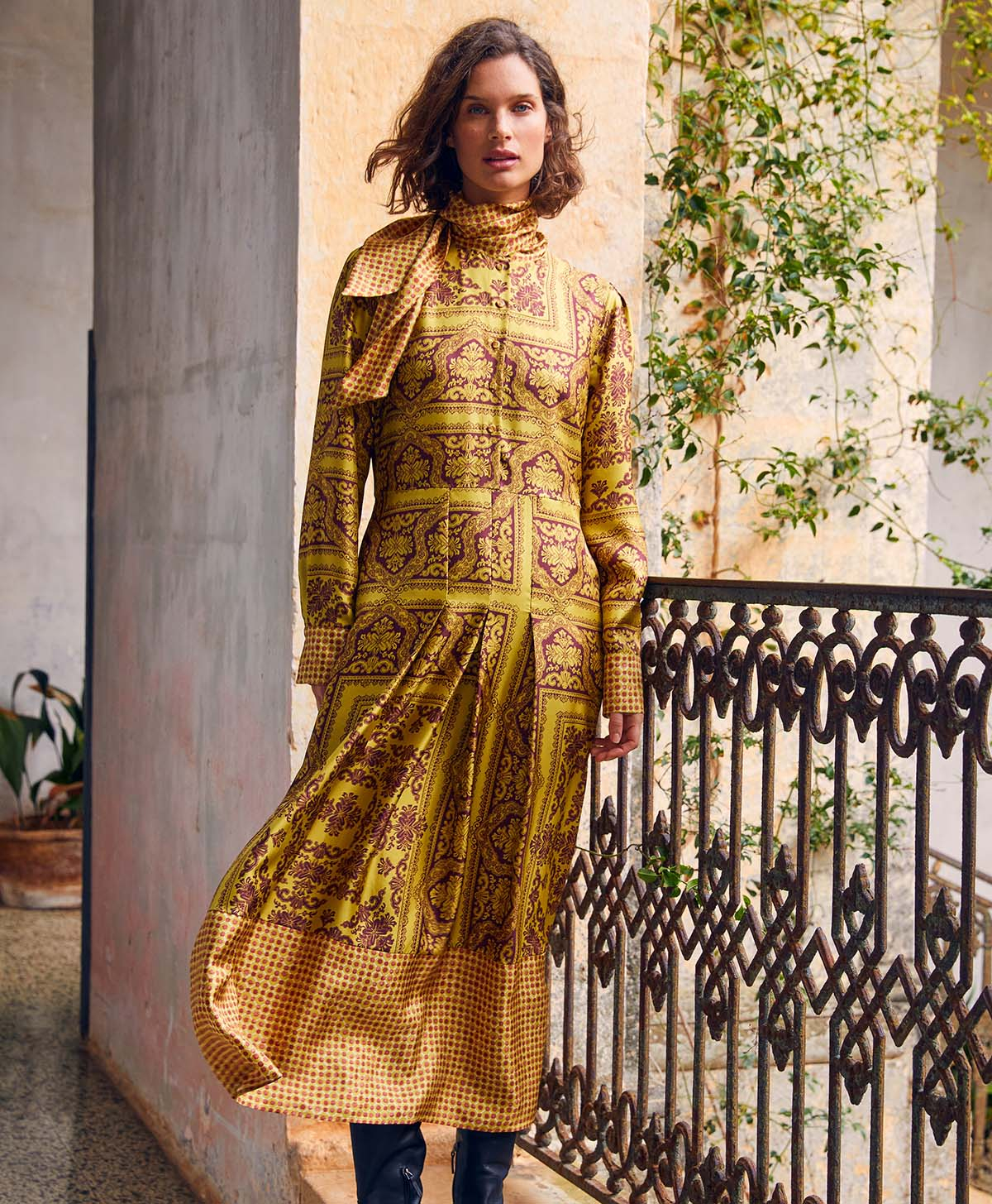 ROBE ARNAUD EN SERGÉ DE SOIE BI-IMPRIMÉ - LIME/BRUN - Momonì