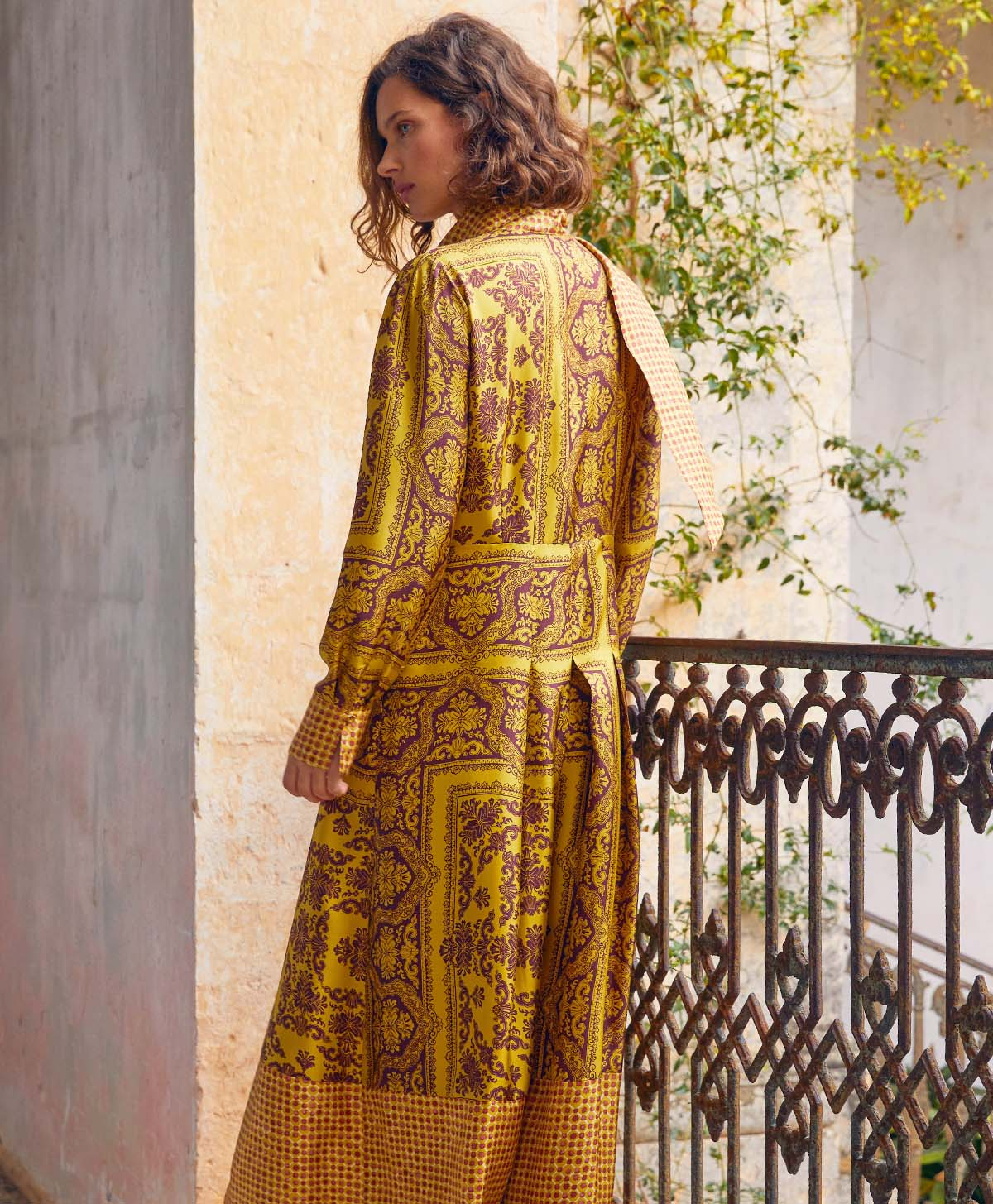 ROBE ARNAUD EN SERGÉ DE SOIE BI-IMPRIMÉ - LIME/BRUN - Momonì