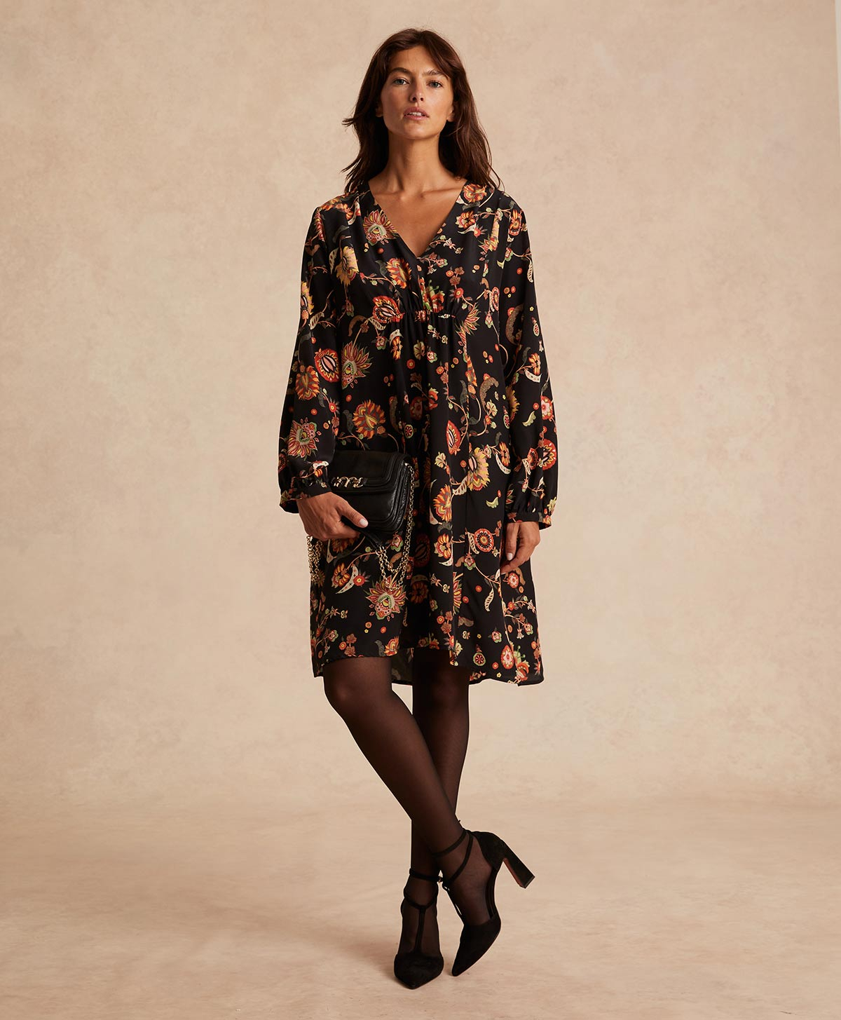 FABIEN DRESS IN PRINTED CREPE DE CHINE  - MULTICOLOR BLACK - Momonì