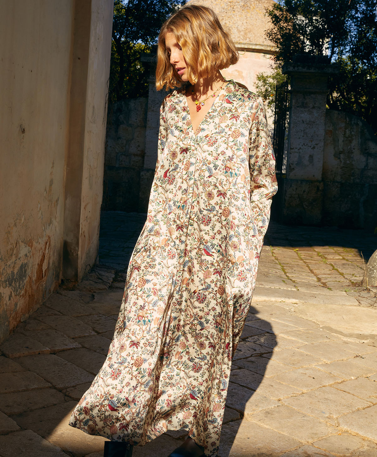 BIARRITZ DRESS IN PRINTED STRETCH SATIN - MULTICOLOR CREAM - Clothing - Momonì