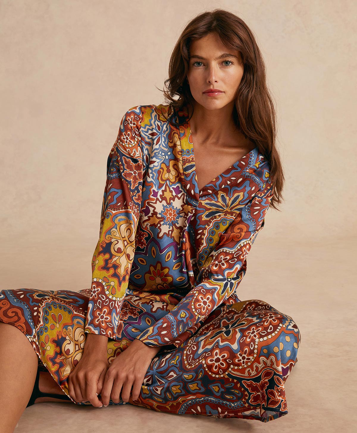 BIARRITZ DRESS IN PRINTED STRETCH SATIN - BROWN/ORANGE - Clothing - Momonì