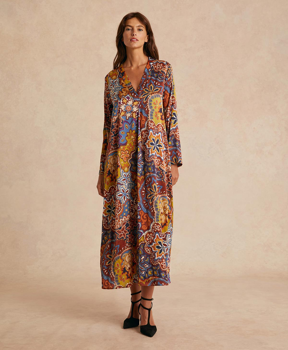 BIARRITZ DRESS IN PRINTED STRETCH SATIN - BROWN/ORANGE - Momonì