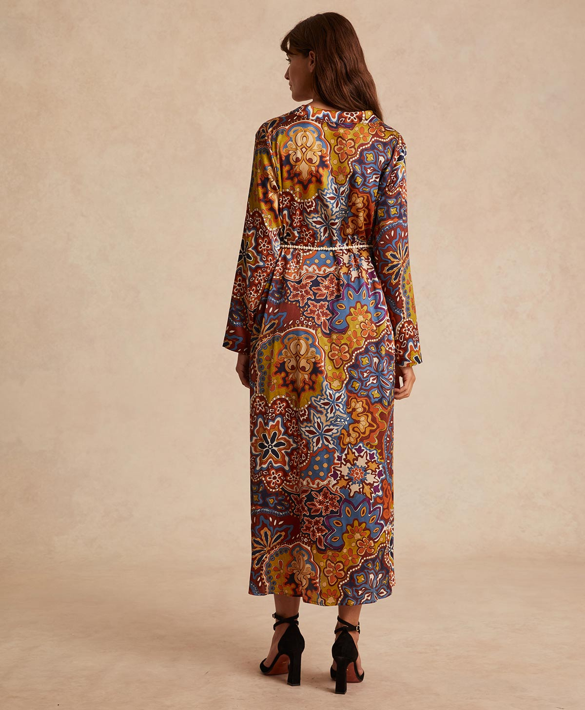 BIARRITZ DRESS IN PRINTED STRETCH SATIN - BROWN/ORANGE - Momonì