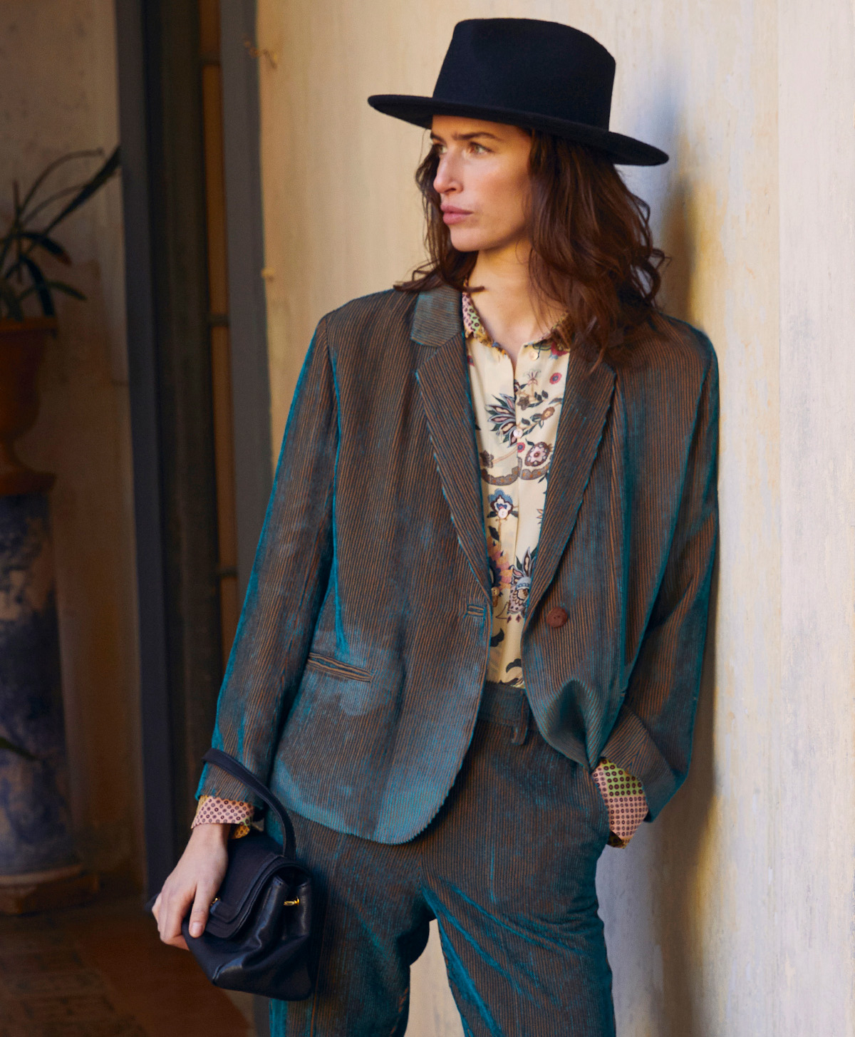 EMMA JACKET IN BI-COLOUR RIBBED VISCOSE VELVET - TEAL - Clothing - Momonì